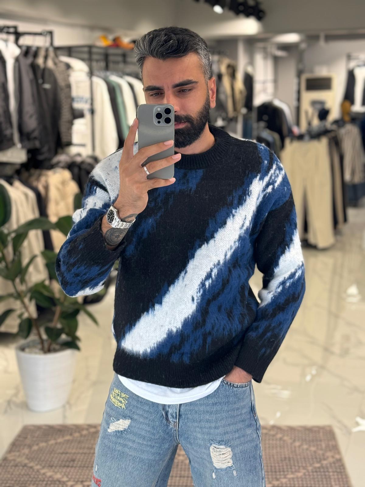 Oversize Renkli Triko Kazak Mavi