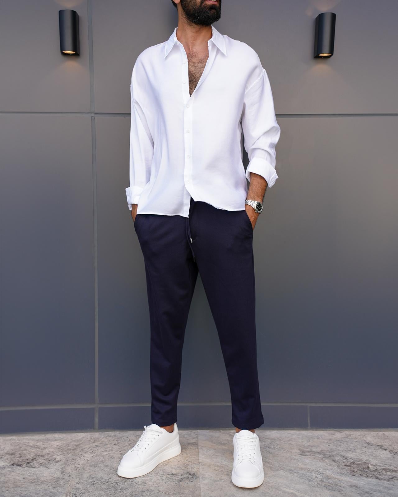 Oversize Tensel Kumaş Gömlek Beyaz