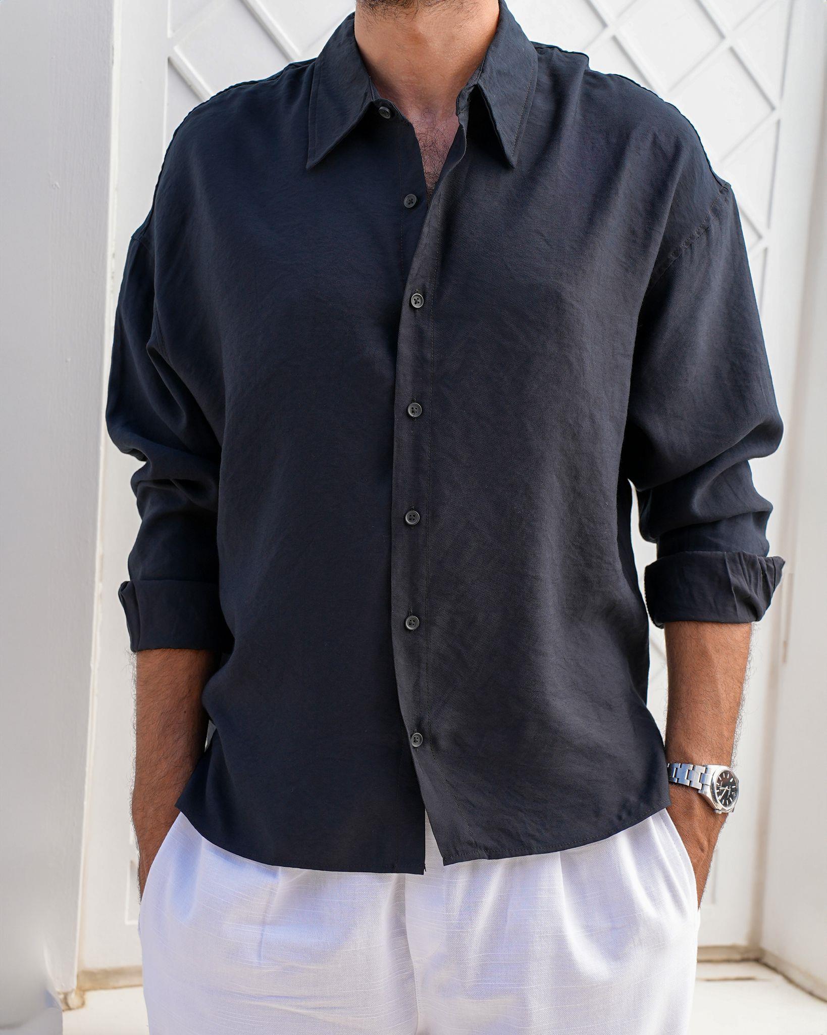 Oversize Tensel Kumaş Gömlek Siyah