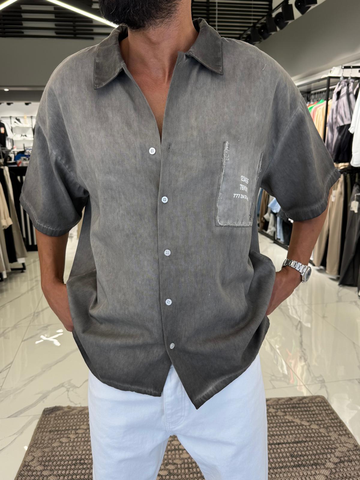 Oversize Yıkamalı Cebi Yırtık Gömlek Antrasit