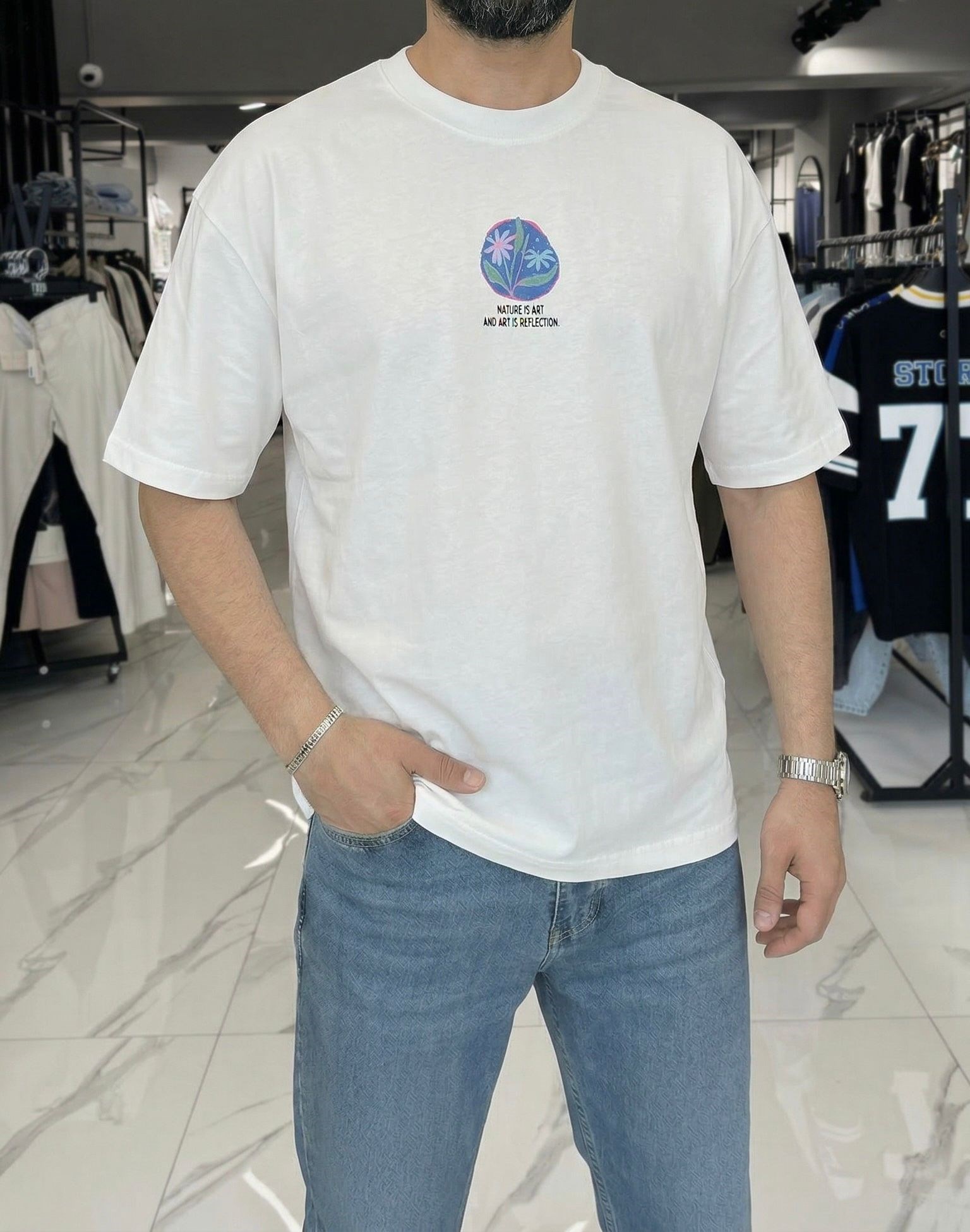 Özel Desen Baskılı Oversize T-shirt Beyaz
