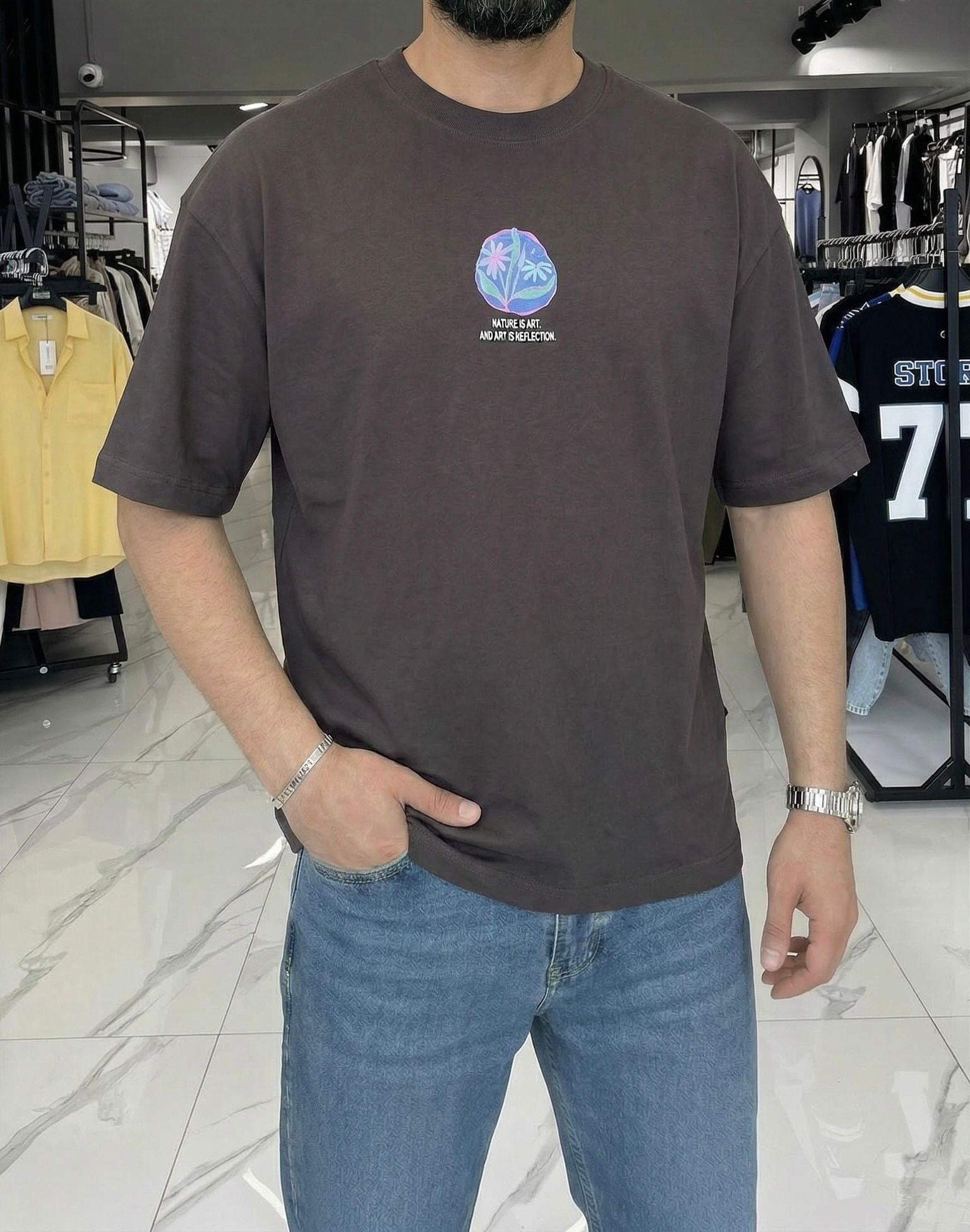 Özel Desen Baskılı Oversize T-shirt Kahverengi