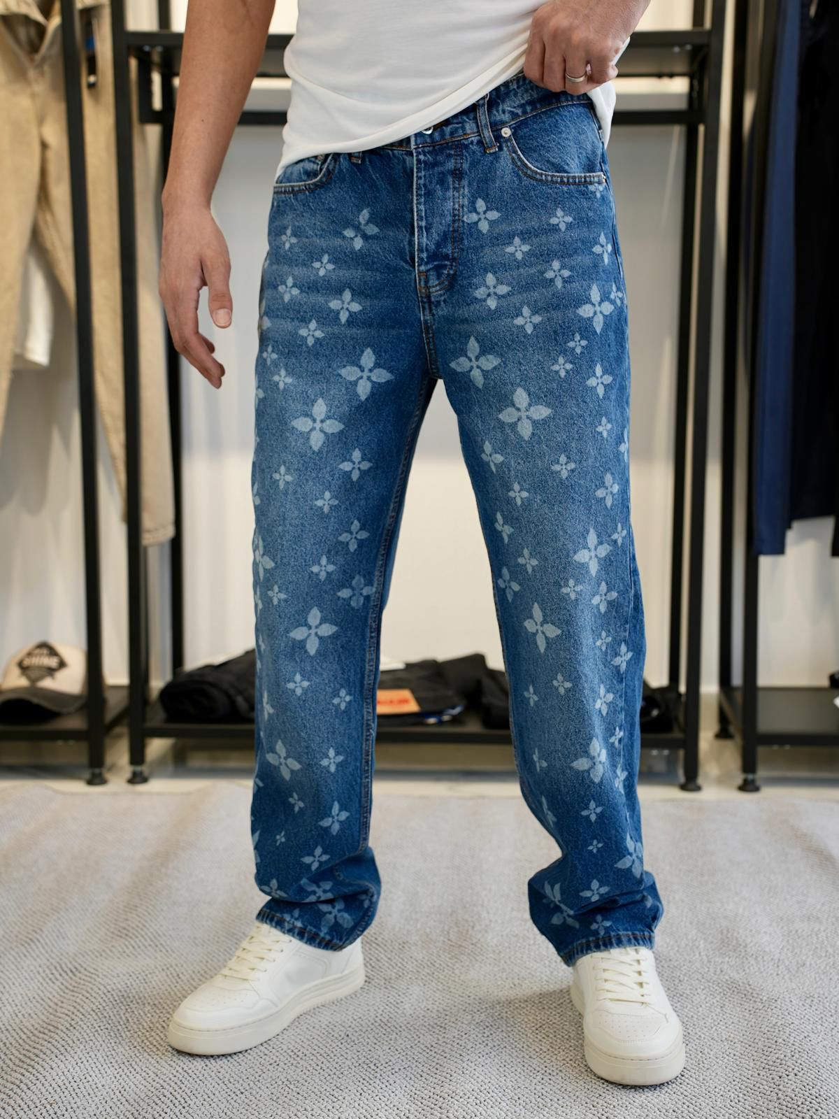Özel Desenli Denim Pantolon Mavi