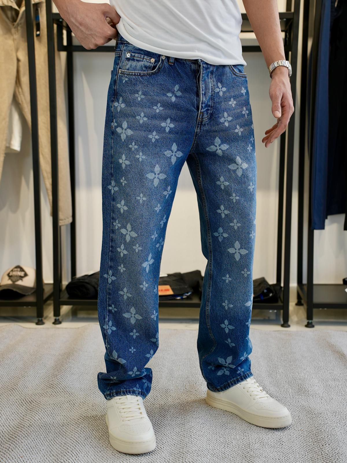 Özel Desenli Denim Pantolon Mavi