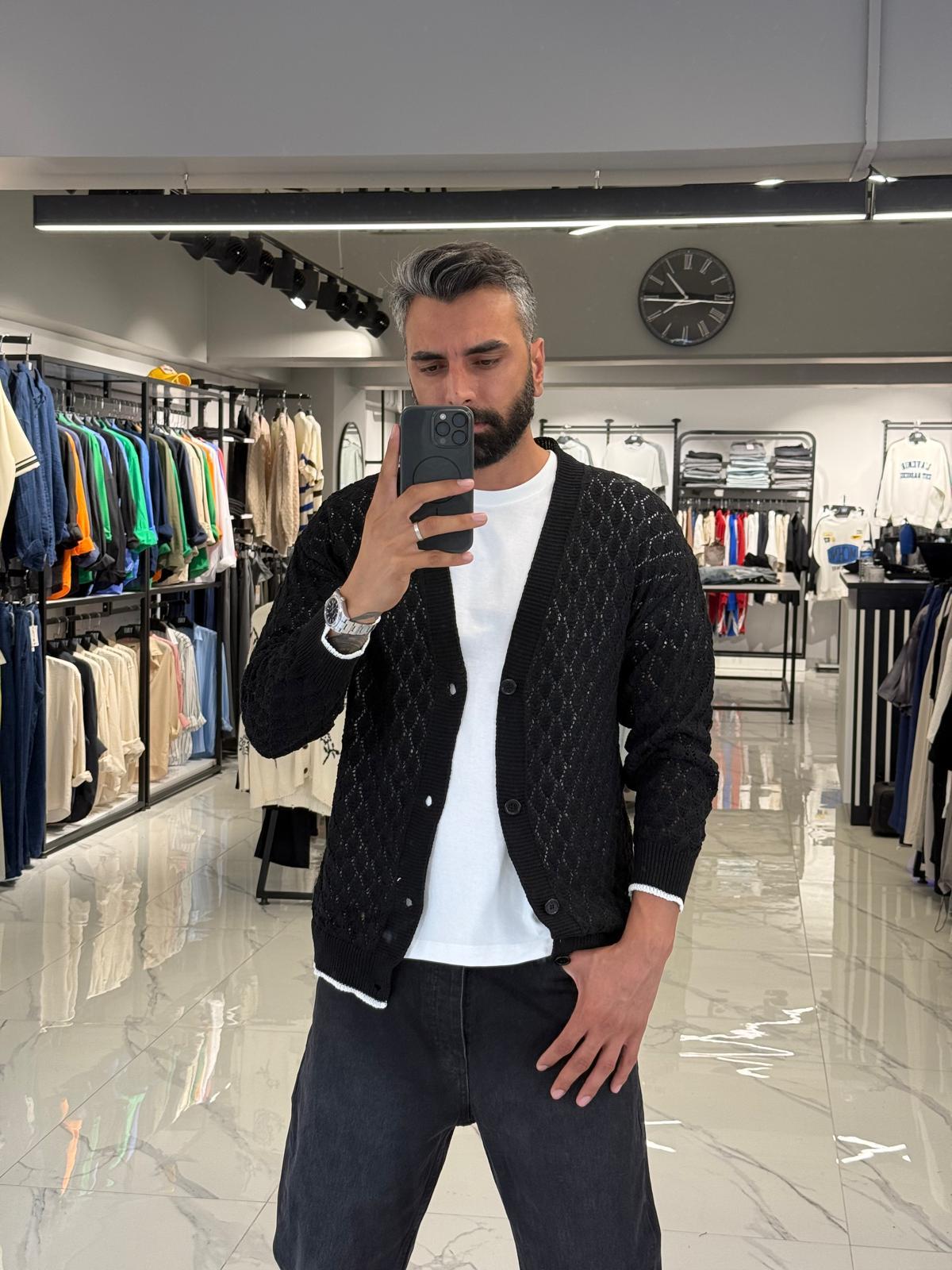 Özel Örme Desen Triko Hırka Siyah