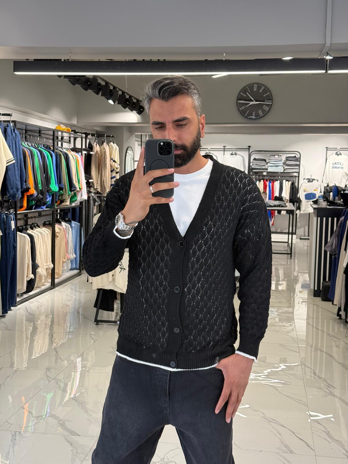 Özel Örme Desen Triko Hırka Siyah