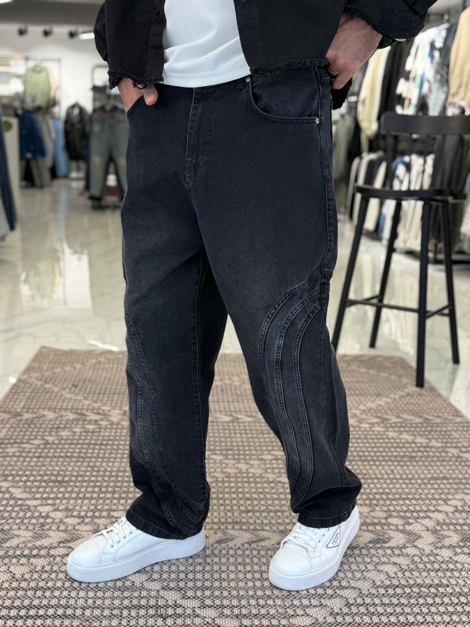 Özel Tasarım Şerit Detaylı Baggy kalıp Pantolon Siyah