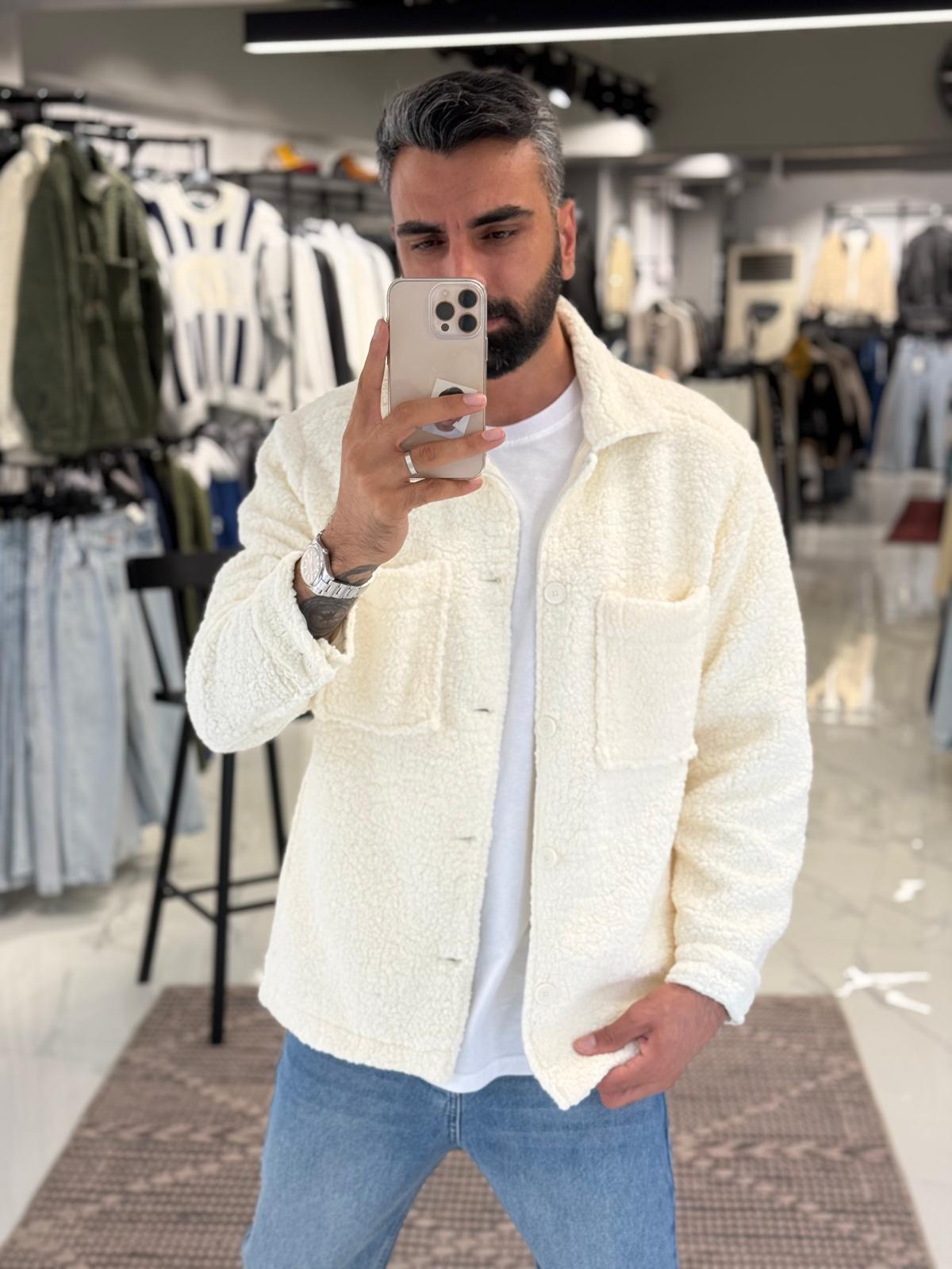 Peluş Gömlek Ceket Krem