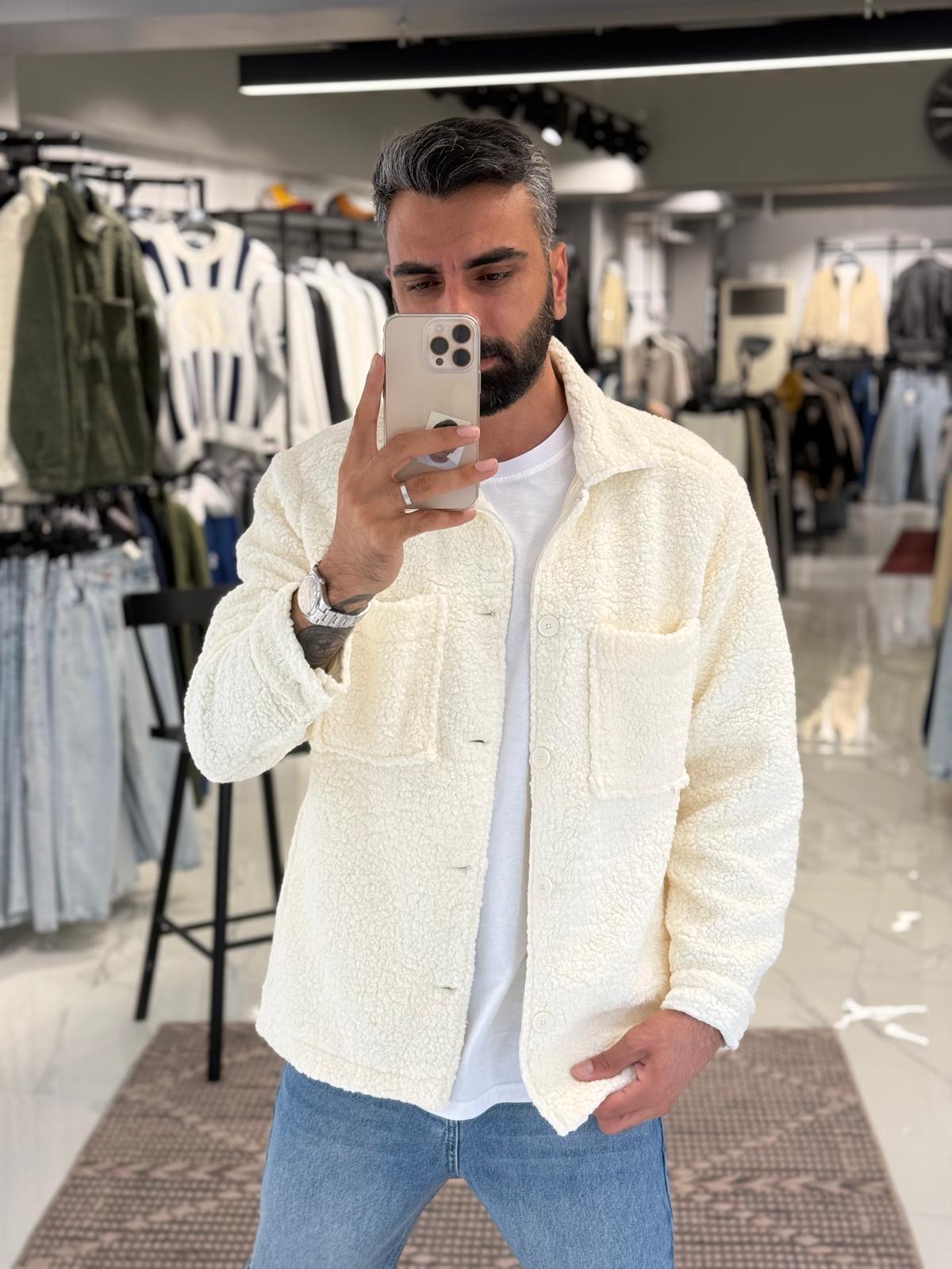 Peluş Gömlek Ceket Krem