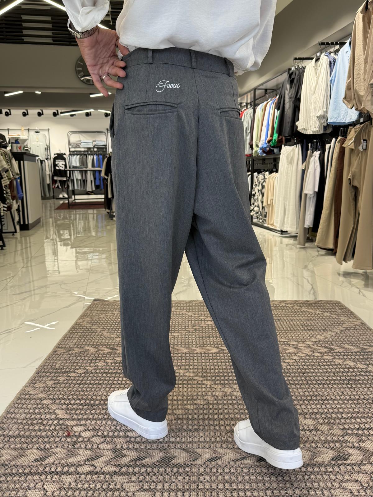 Pile Detaylı Çift Düğmeli Baggy Kalıp Kumaş Pantolon Gri