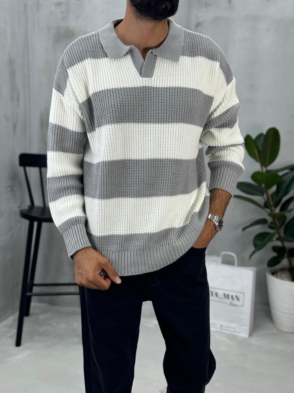 Polo Yaka Çizgili Triko Gri