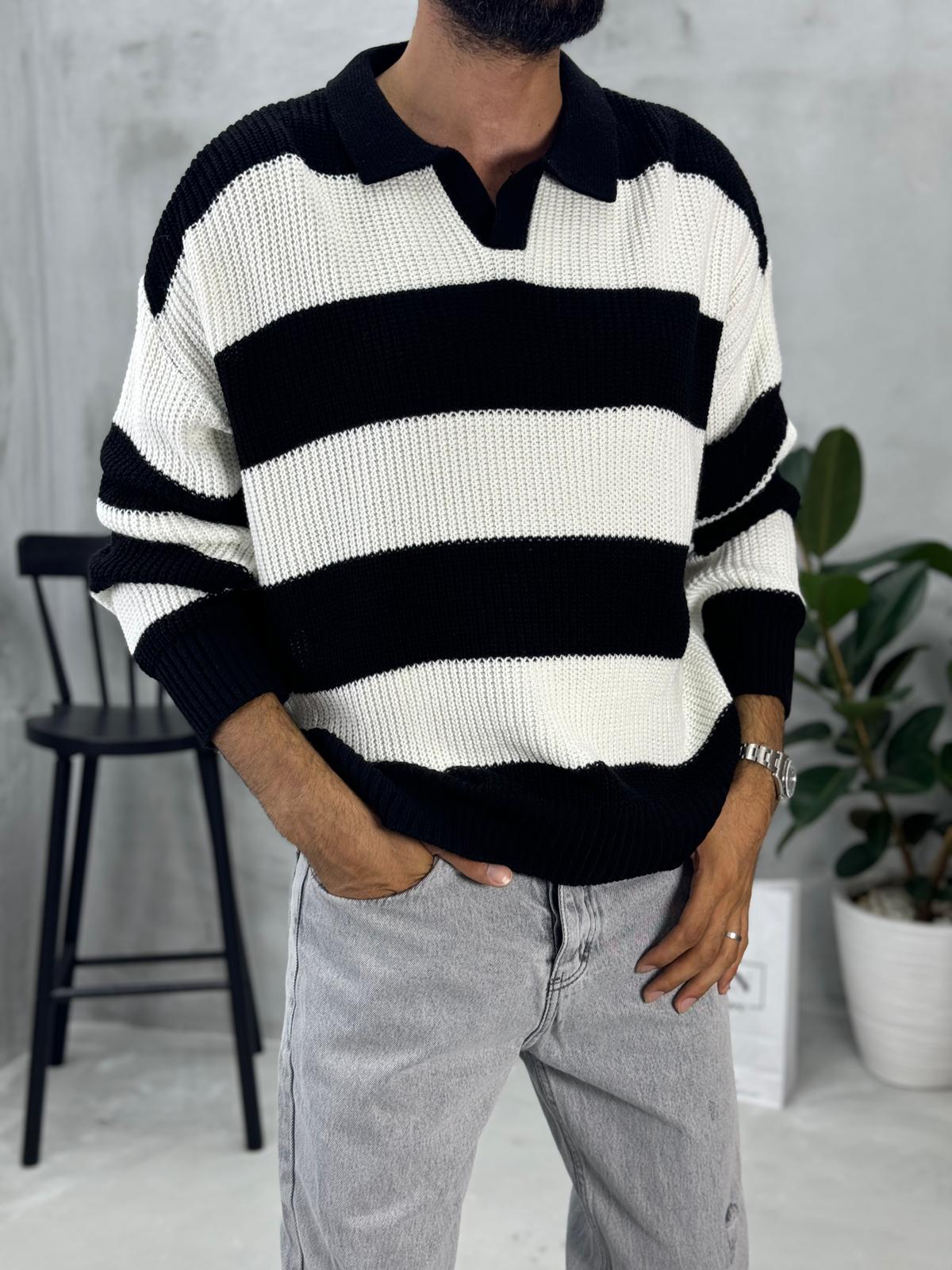 Polo Yaka Çizgili Triko Siyah