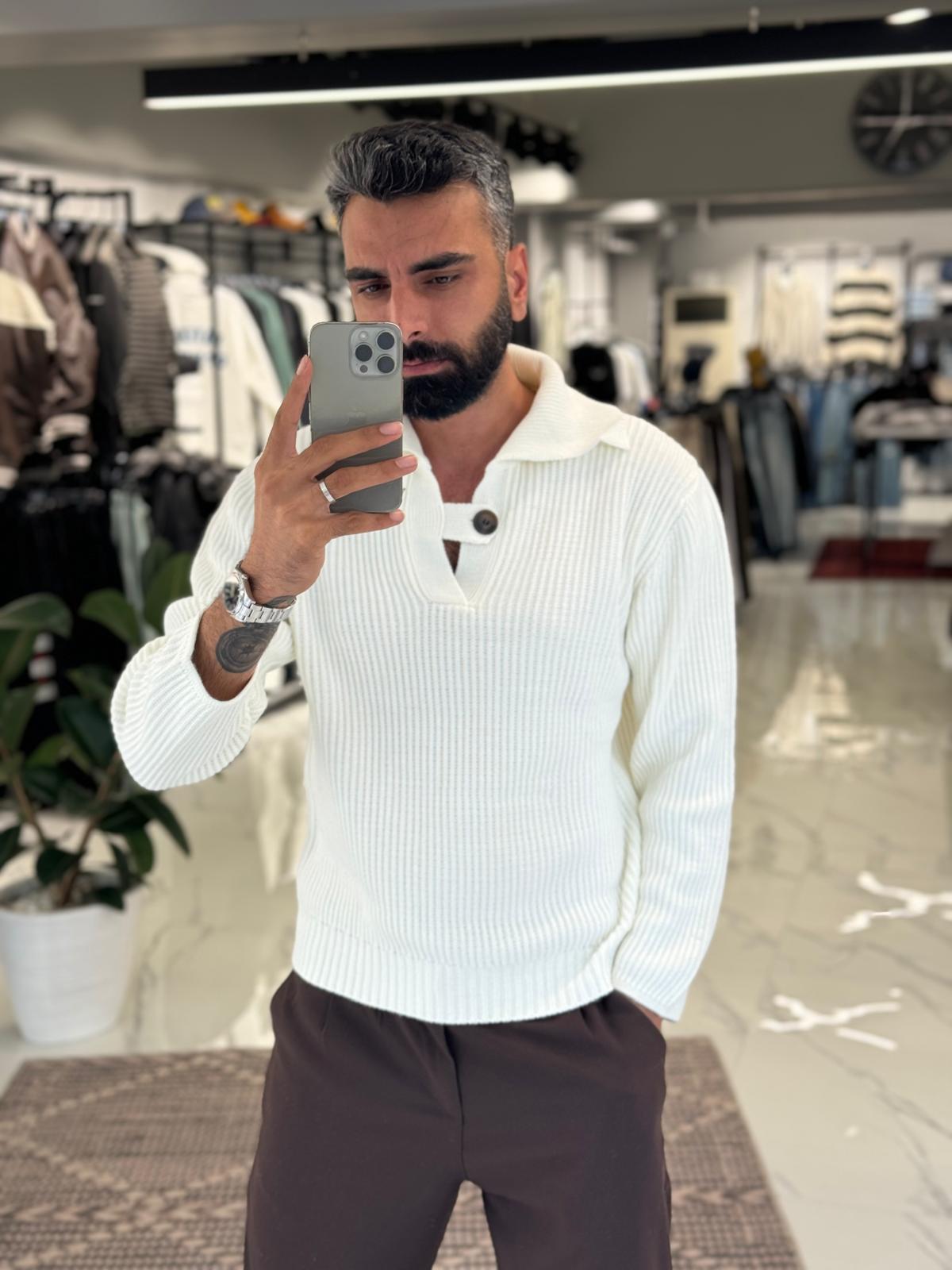 Polo Yaka Düğme Detay Triko Bej