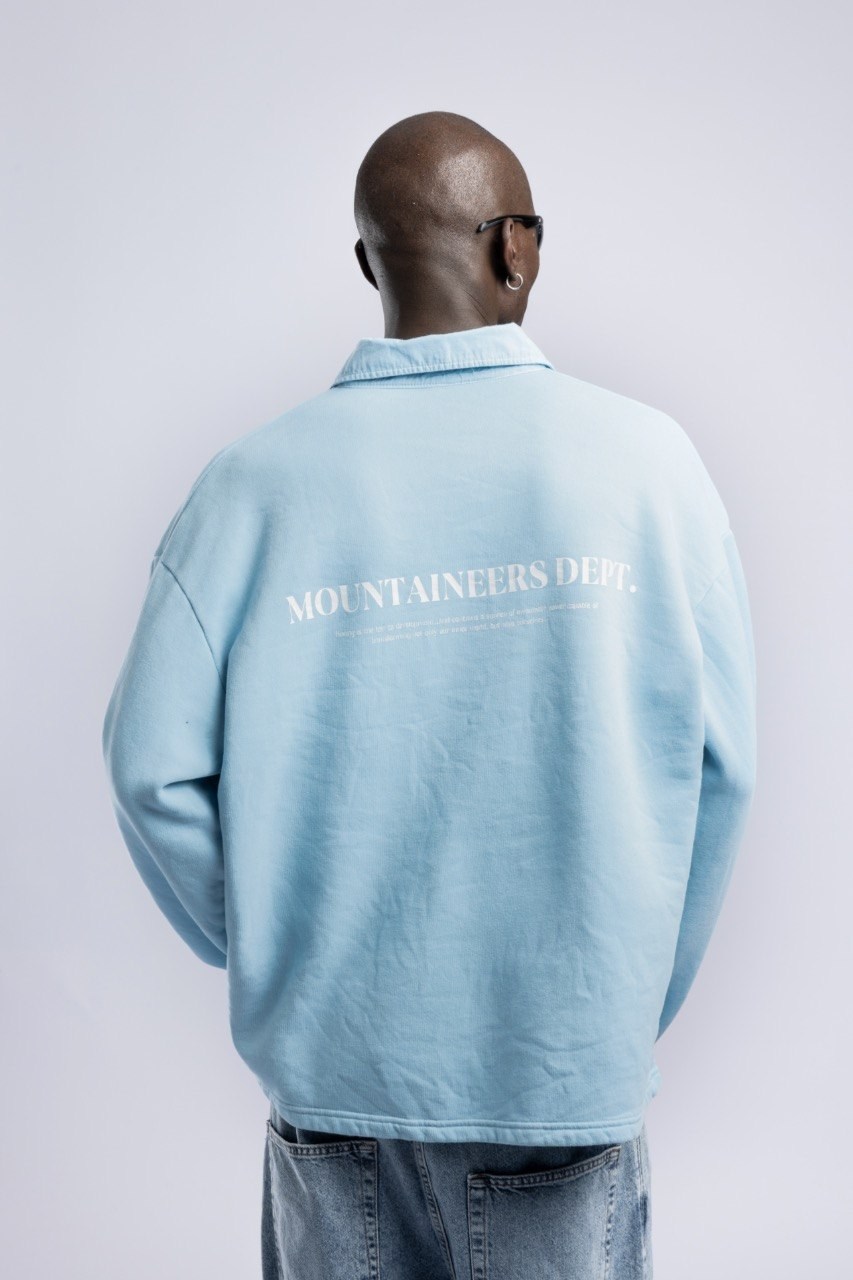 Polo Yaka Dugmeli Yazi Baskili Sweatshirt Mavi