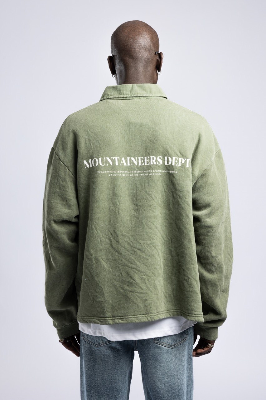 Polo Yaka Dugmeli Yazi Baskili Sweatshirt Haki