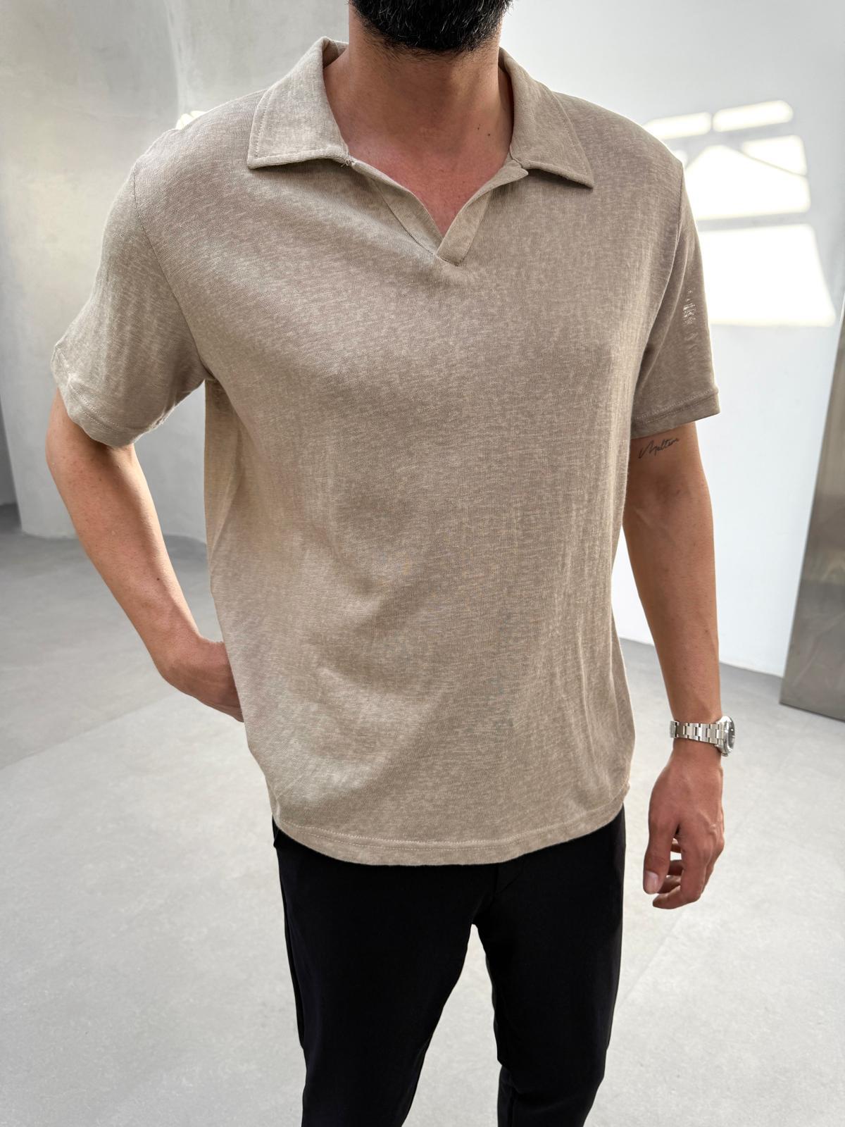 Polo Yaka Pamuk T-Shirt Krem