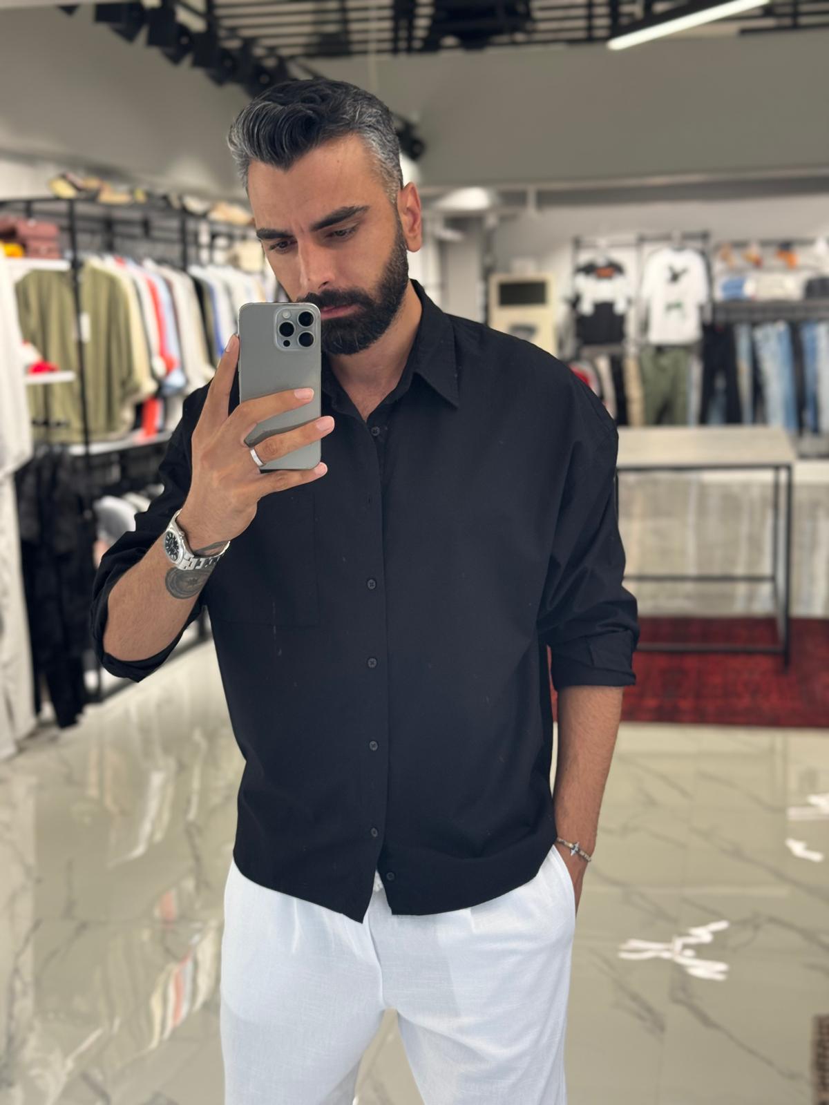 Poplin Keten Gömlek Siyah