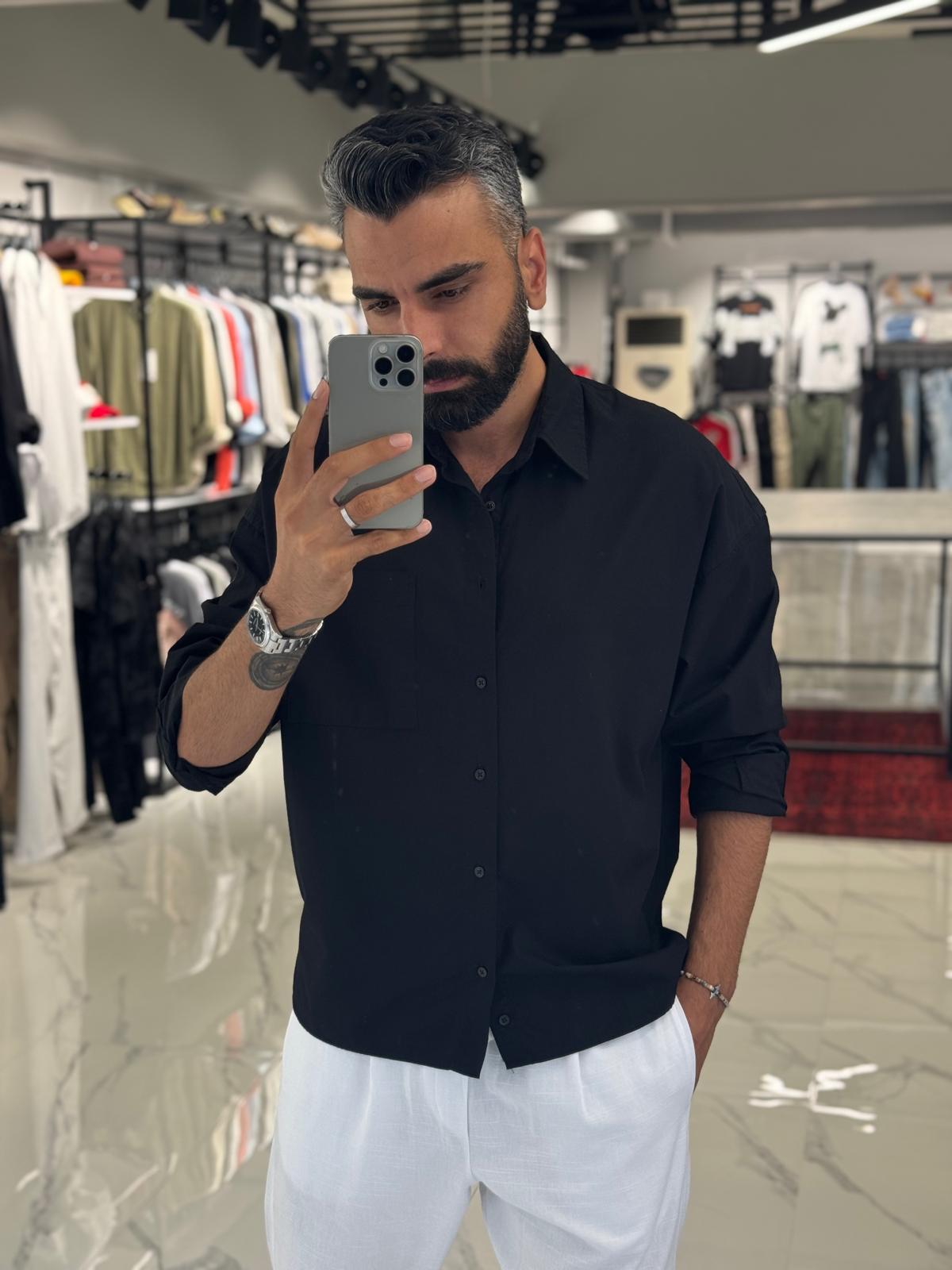 Poplin Keten Gömlek Siyah
