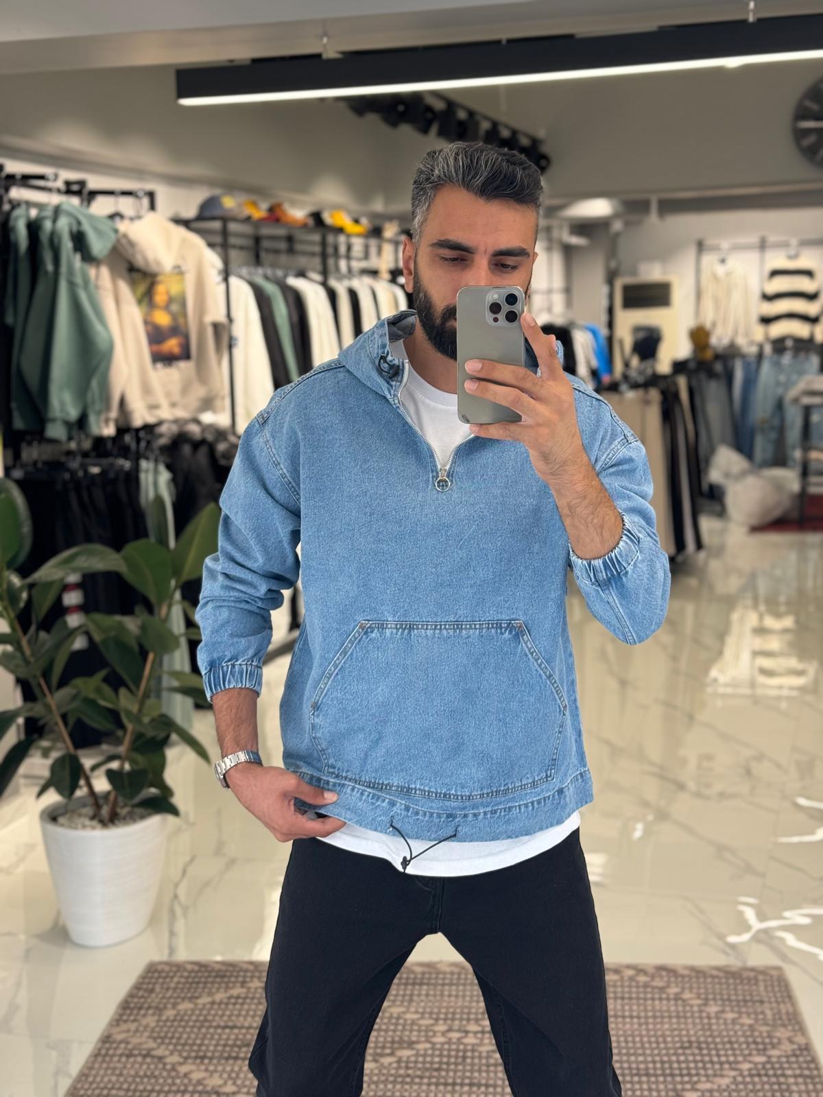Premium Yarım Fermuar Kot Sweatshirt Mavi