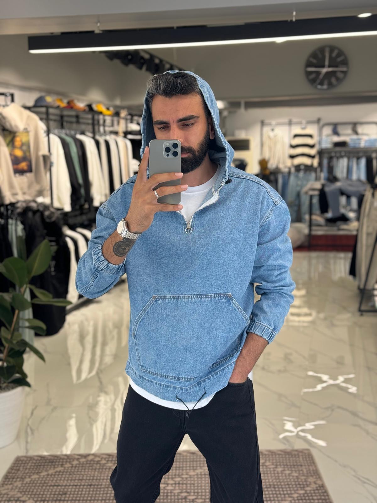 Premium Yarım Fermuar Kot Sweatshirt Mavi
