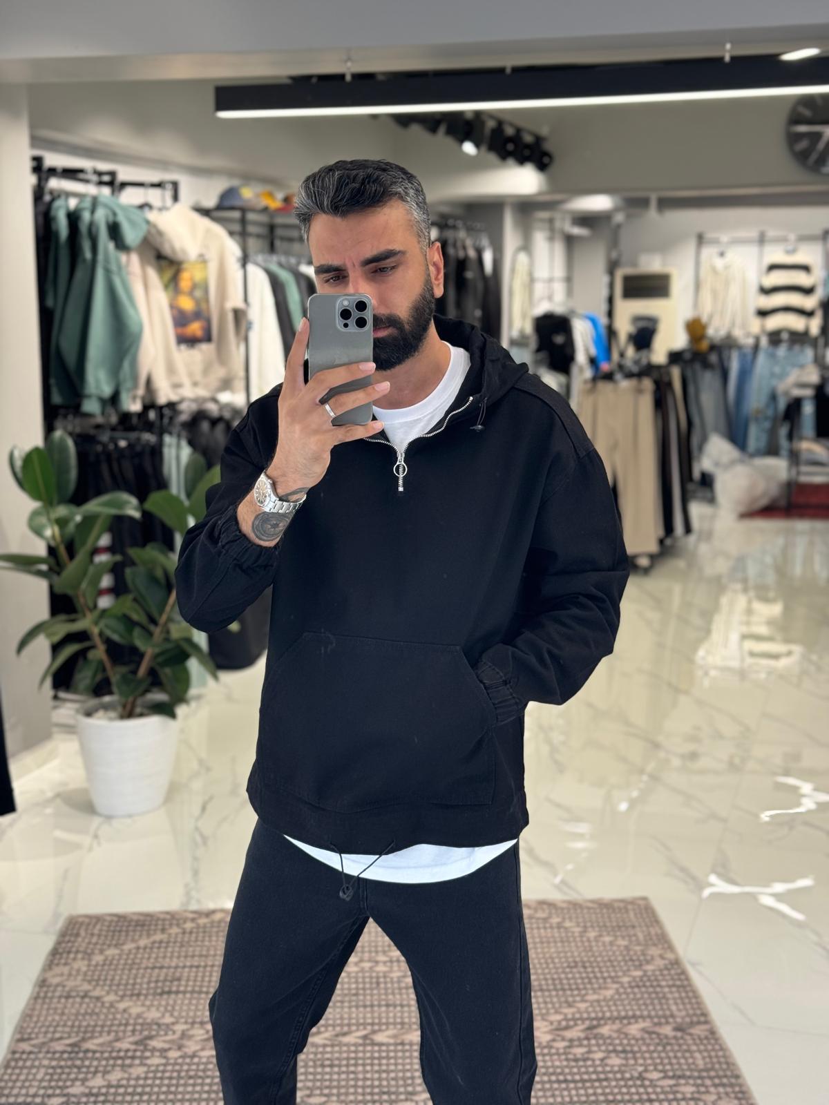 Premium Yarım Fermuar Kot Sweatshirt  Siyah