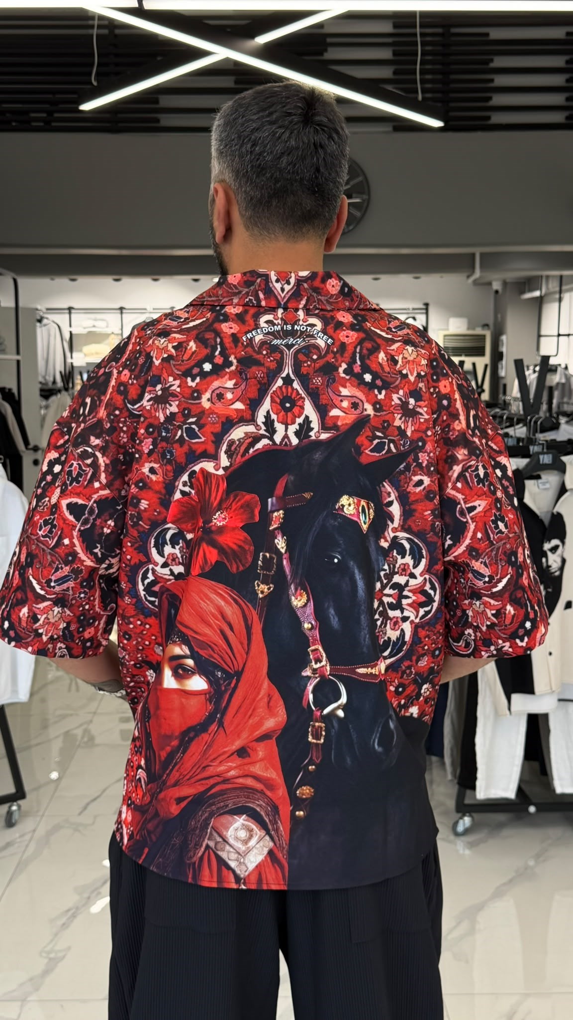 Red Paisley & Black Horse Oversize Gömlek Siyah