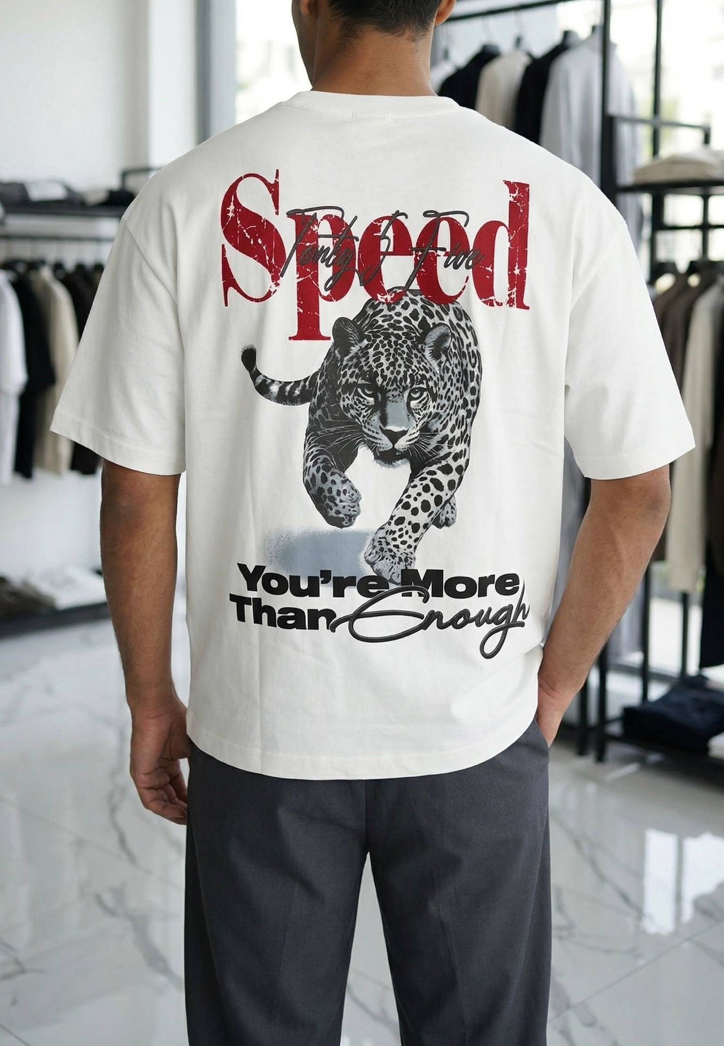 Speed Flok Baskı Leopar Tişört Beyaz