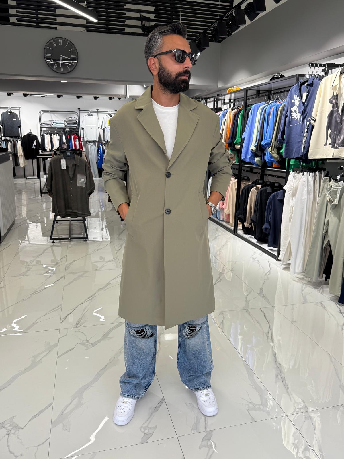 Tek Düğmeli Oversize Kalıp Trençkot Haki