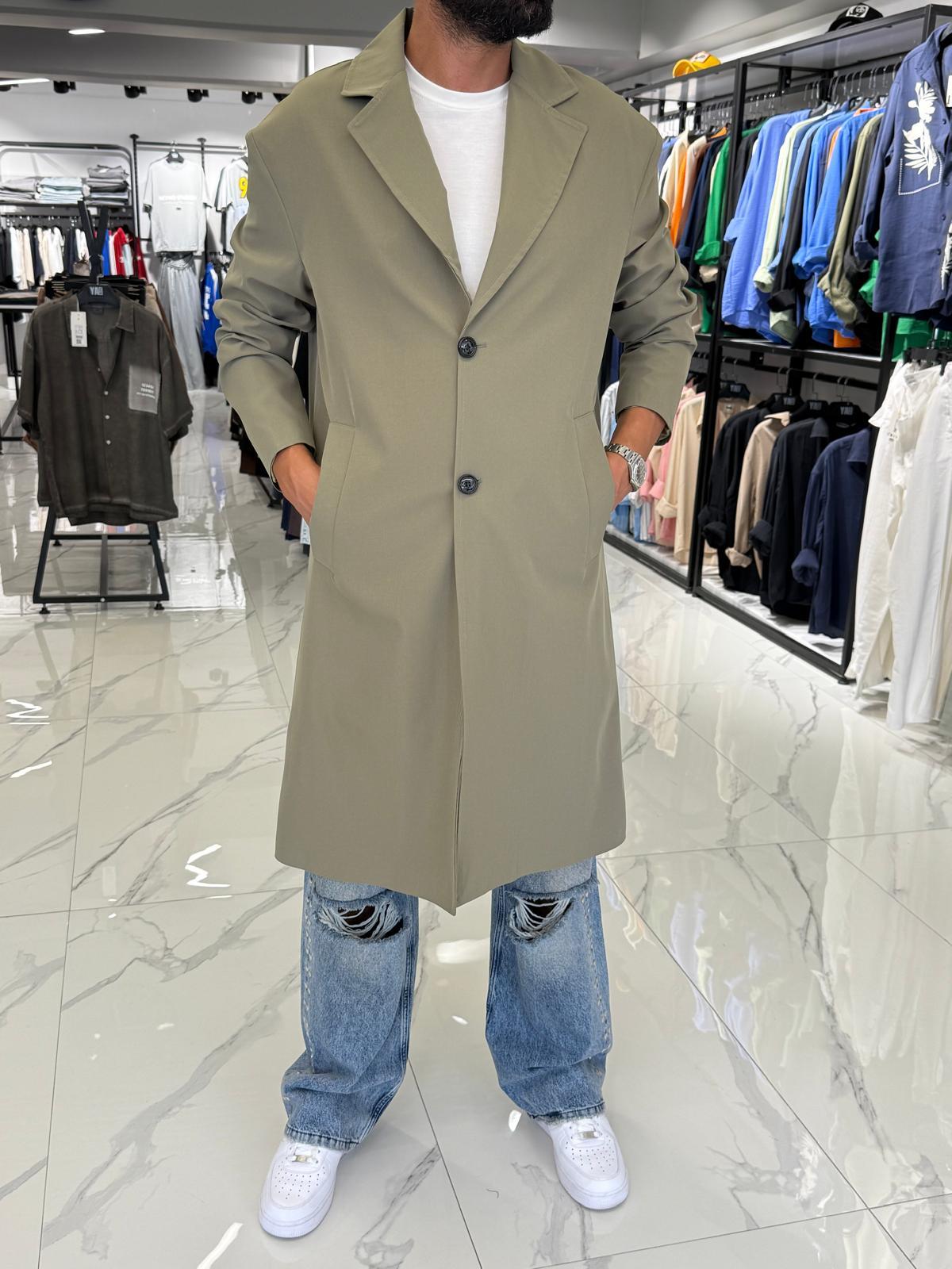 Tek Düğmeli Oversize Kalıp Trençkot Haki