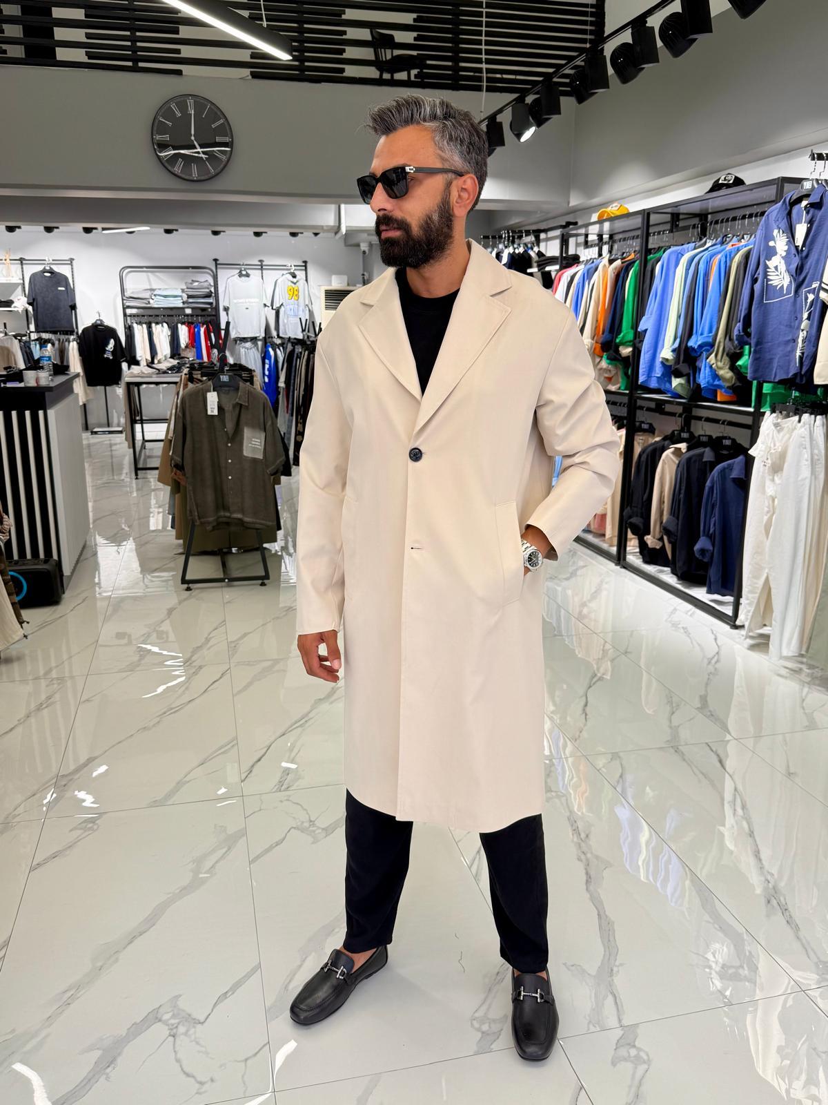 Tek Düğmeli Oversize Kalıp Trençkot Krem