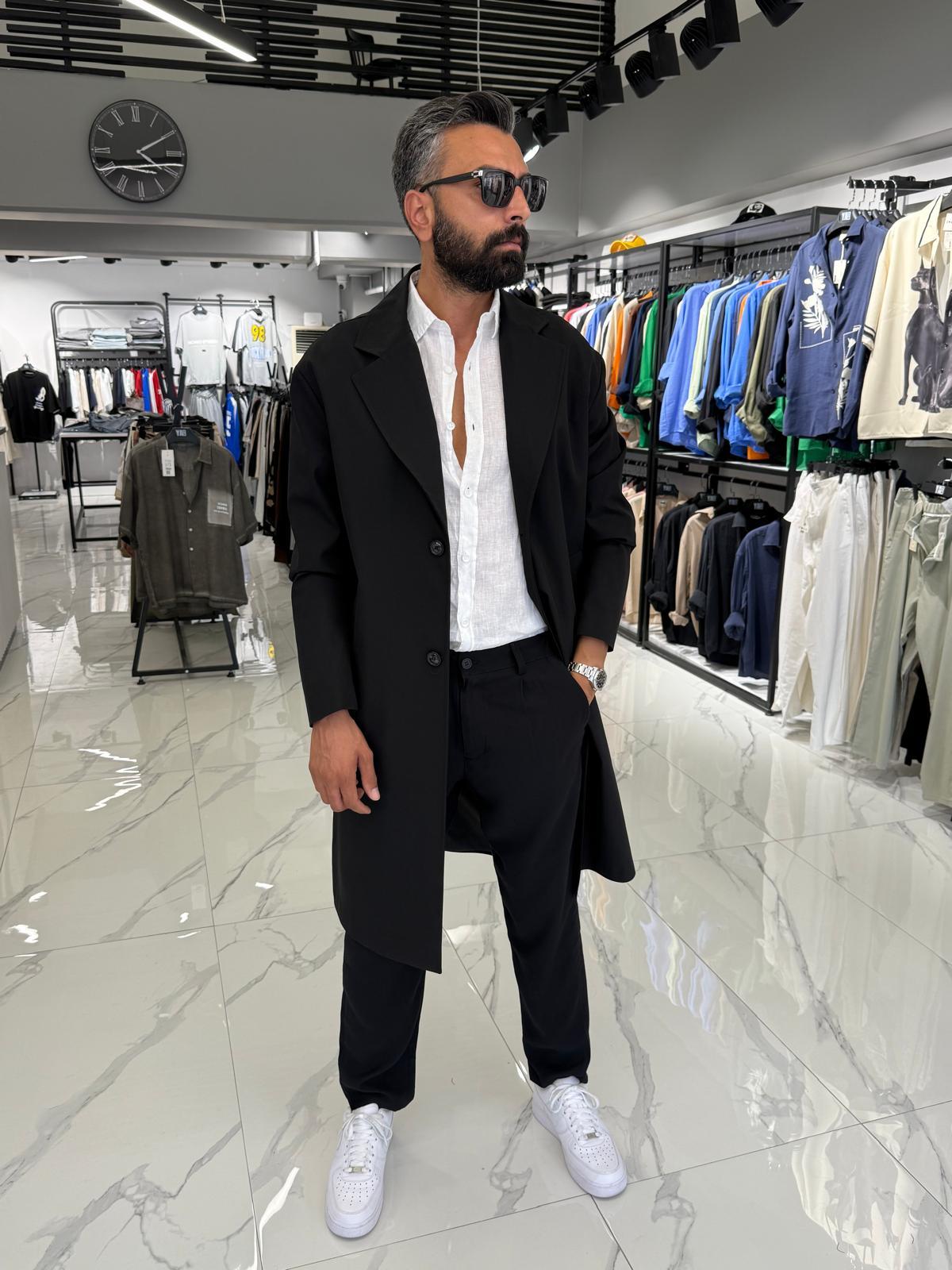 Tek Düğmeli Oversize Kalıp Trençkot Siyah