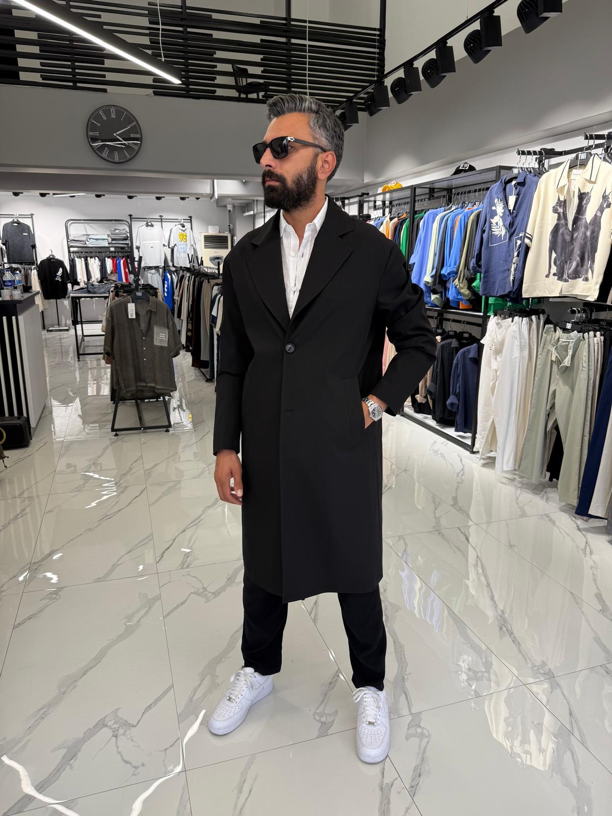 Tek Düğmeli Oversize Kalıp Trençkot Siyah