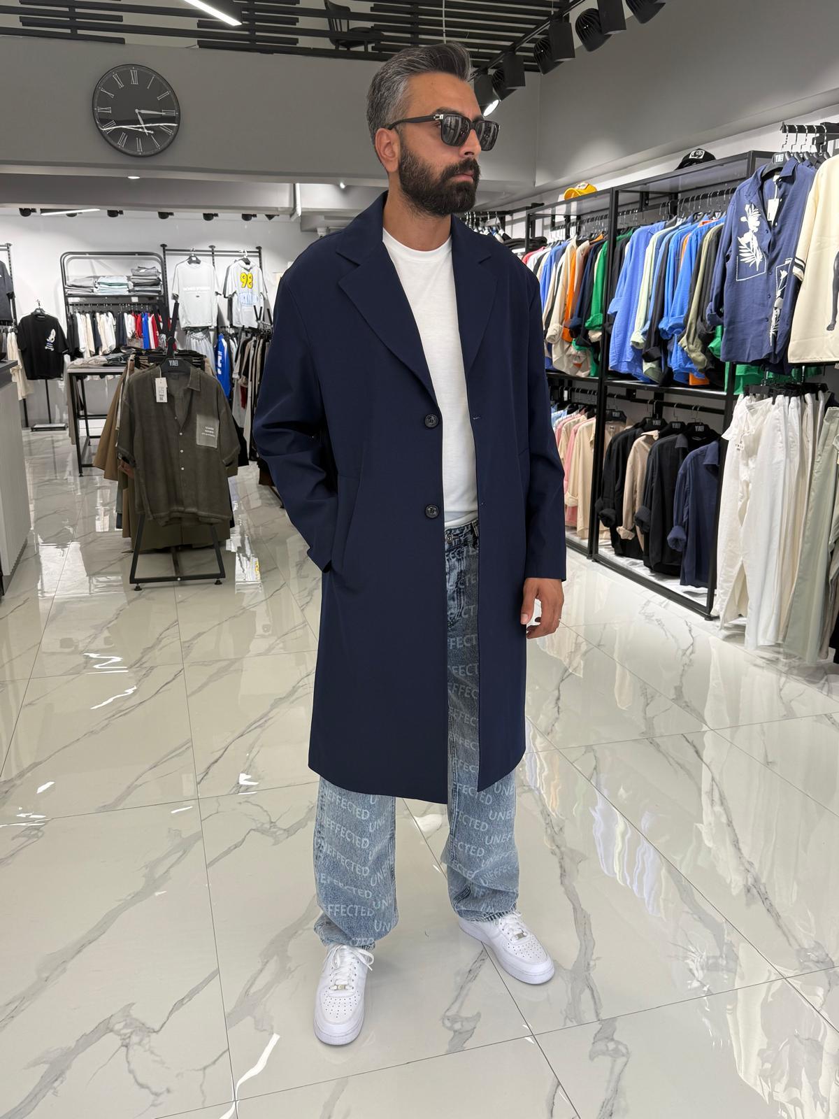 Tek Düğmeli Oversize Kalıp Trençkot Sütlü Lacivert