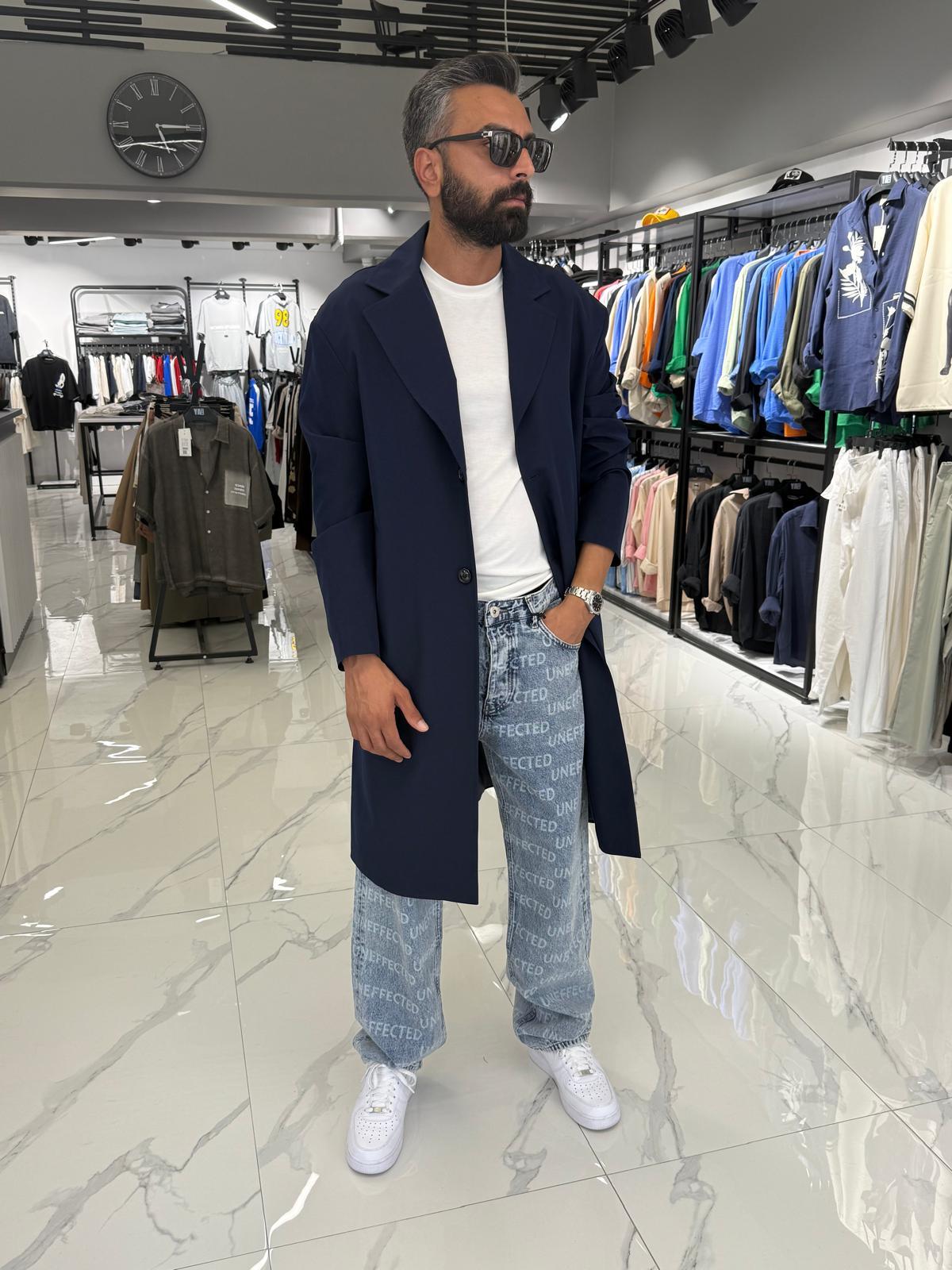 Tek Düğmeli Oversize Kalıp Trençkot Sütlü Lacivert