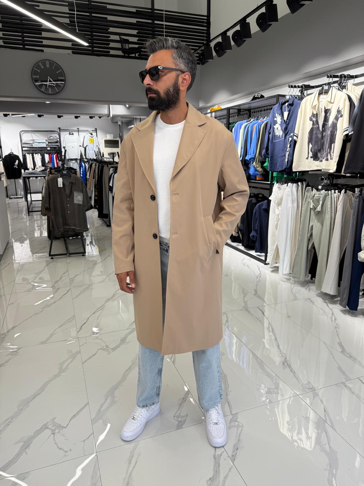Tek Düğmeli Oversize Kalıp Trençkot Sütlü Kahve
