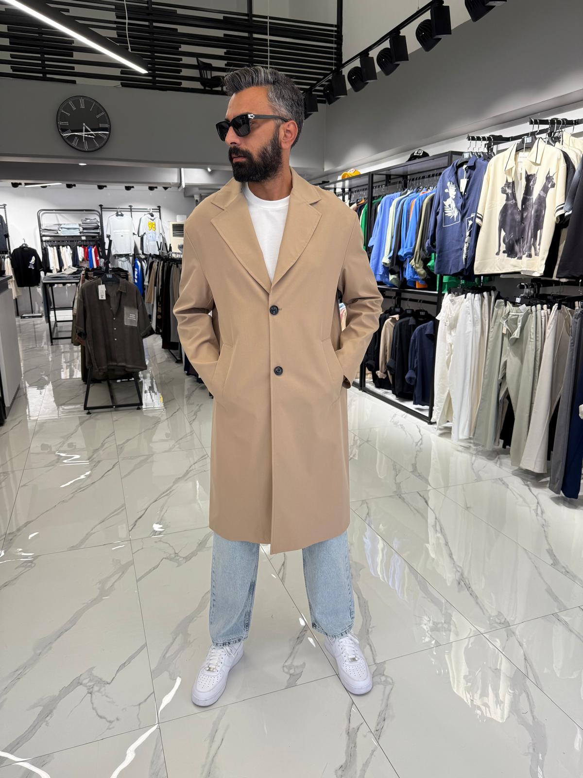 Tek Düğmeli Oversize Kalıp Trençkot Sütlü Kahve