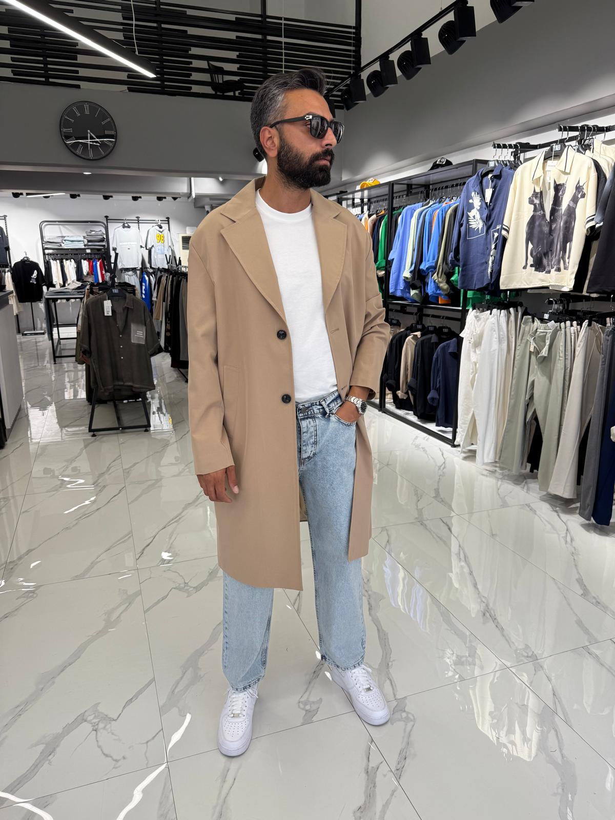 Tek Düğmeli Oversize Kalıp Trençkot Sütlü Kahve