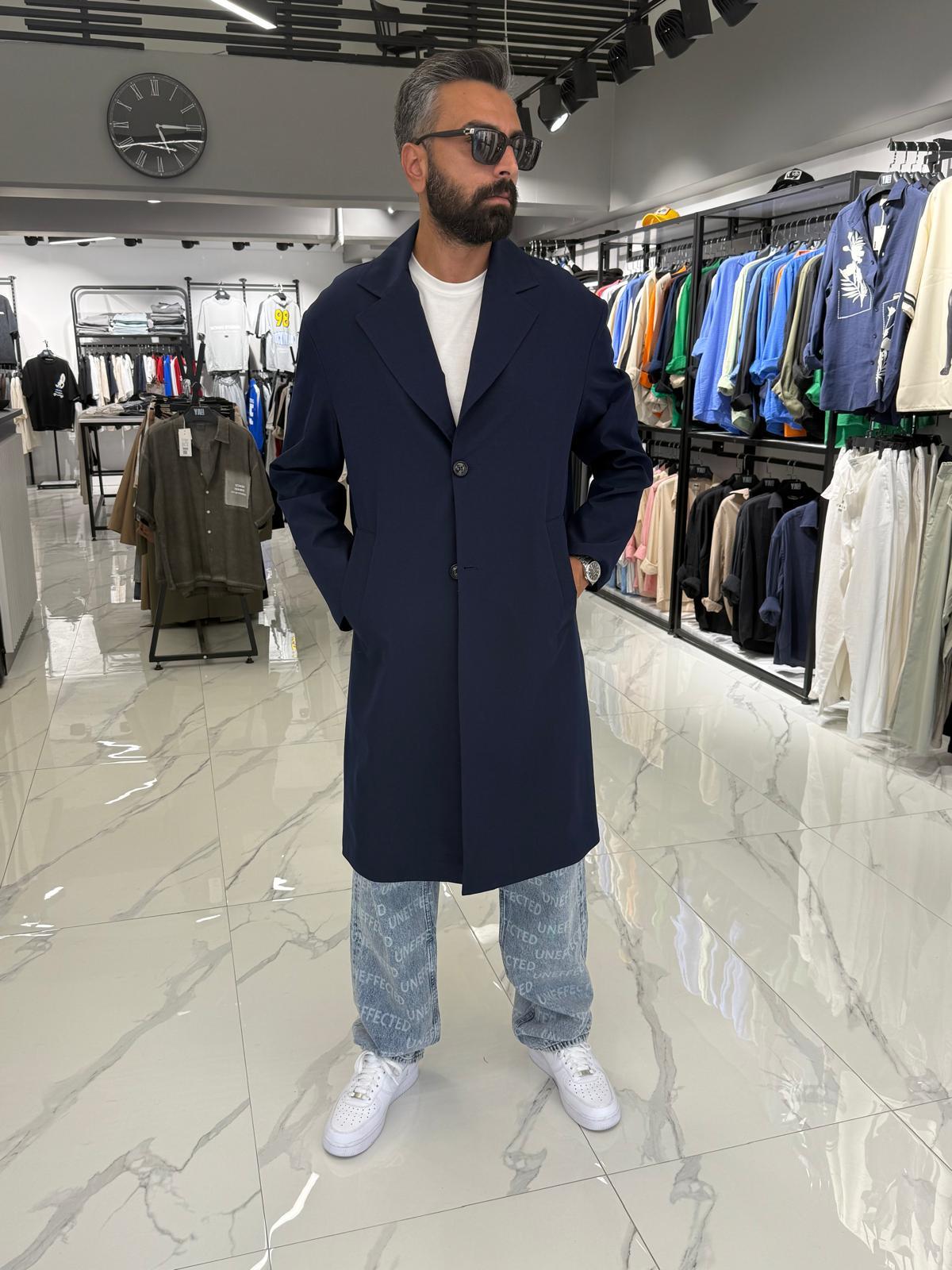Tek Düğmeli Oversize Kalıp Trençkot Sütlü Lacivert