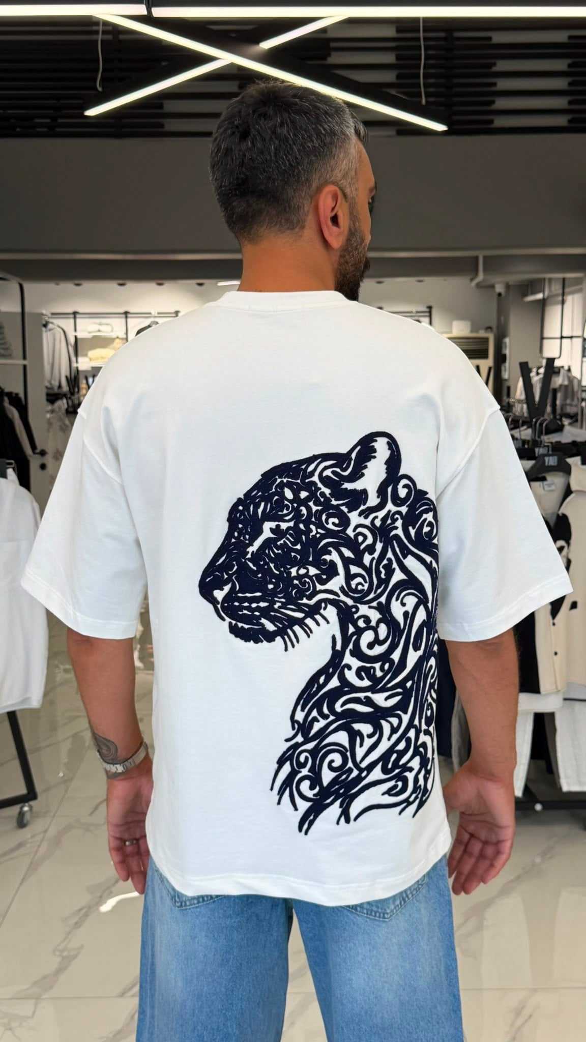 Tiger Line Oversize Tişört Beyaz