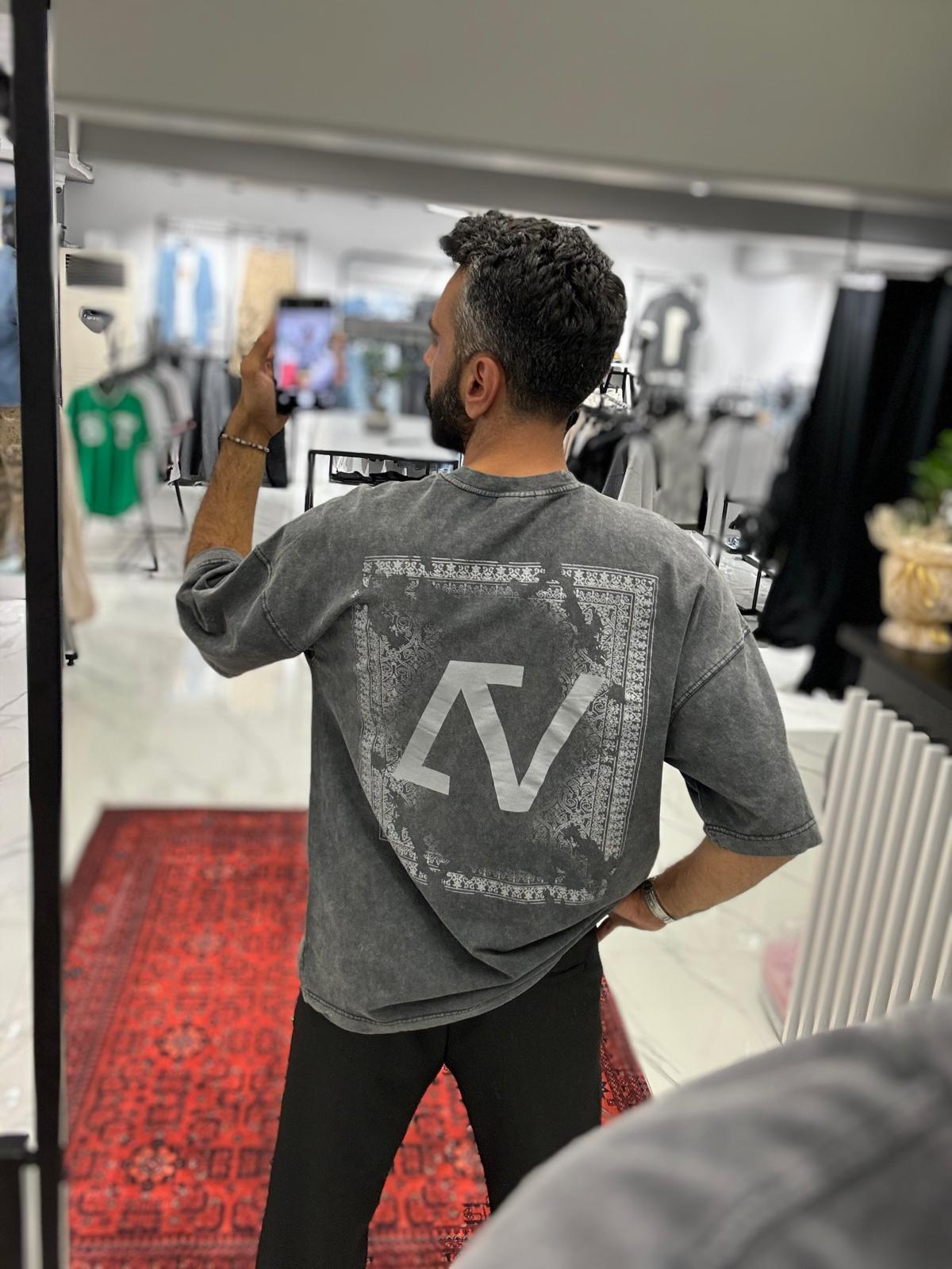 VA Baskılı Oversize Gri T-Shirt
