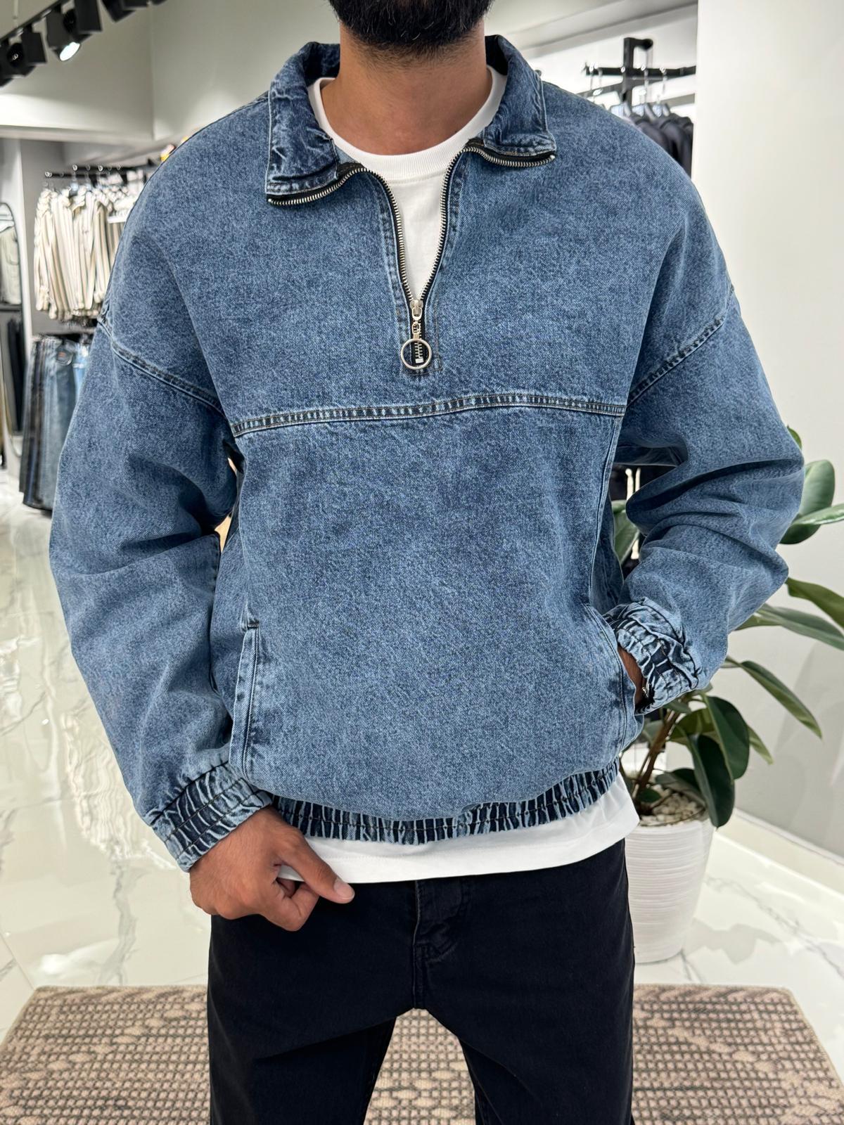 Yarım Fermuar Kot Sweat Mavi