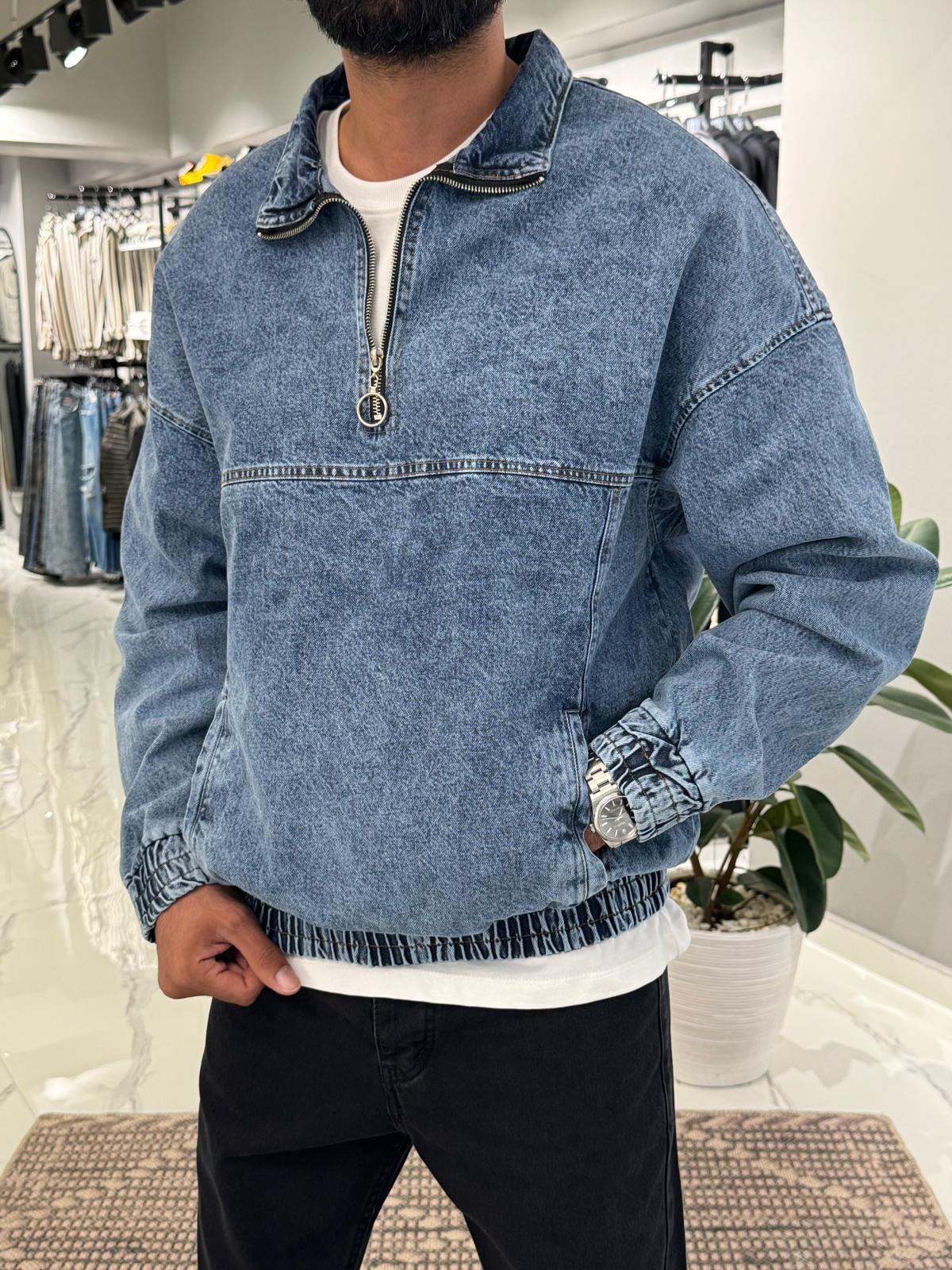 Yarım Fermuar Kot Sweat Mavi