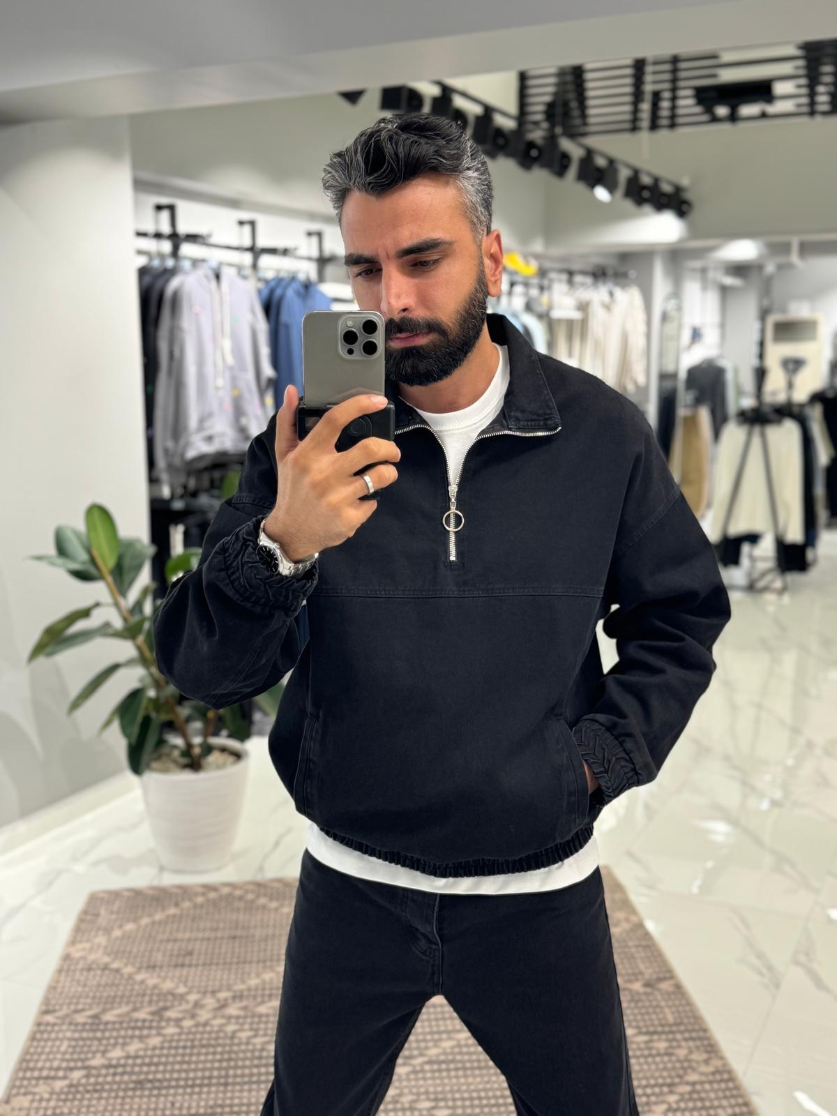 Yarım Fermuar Kot Sweat Siyah