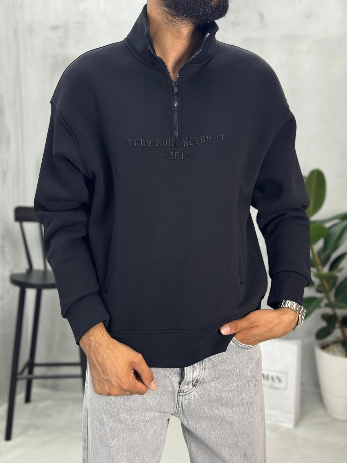 Yarım Fermuarlı Baskılı Sweatshirt Siyah