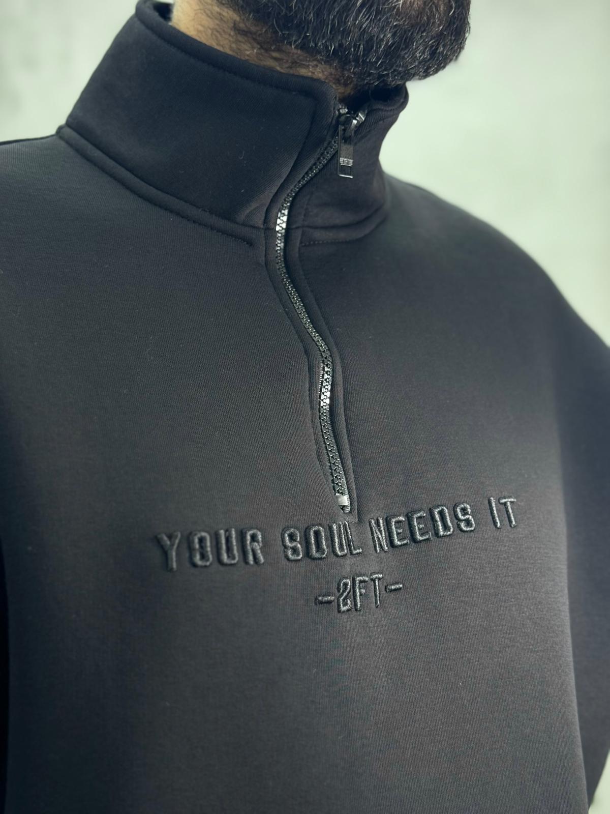 Yarım Fermuarlı Baskılı Sweatshirt Siyah