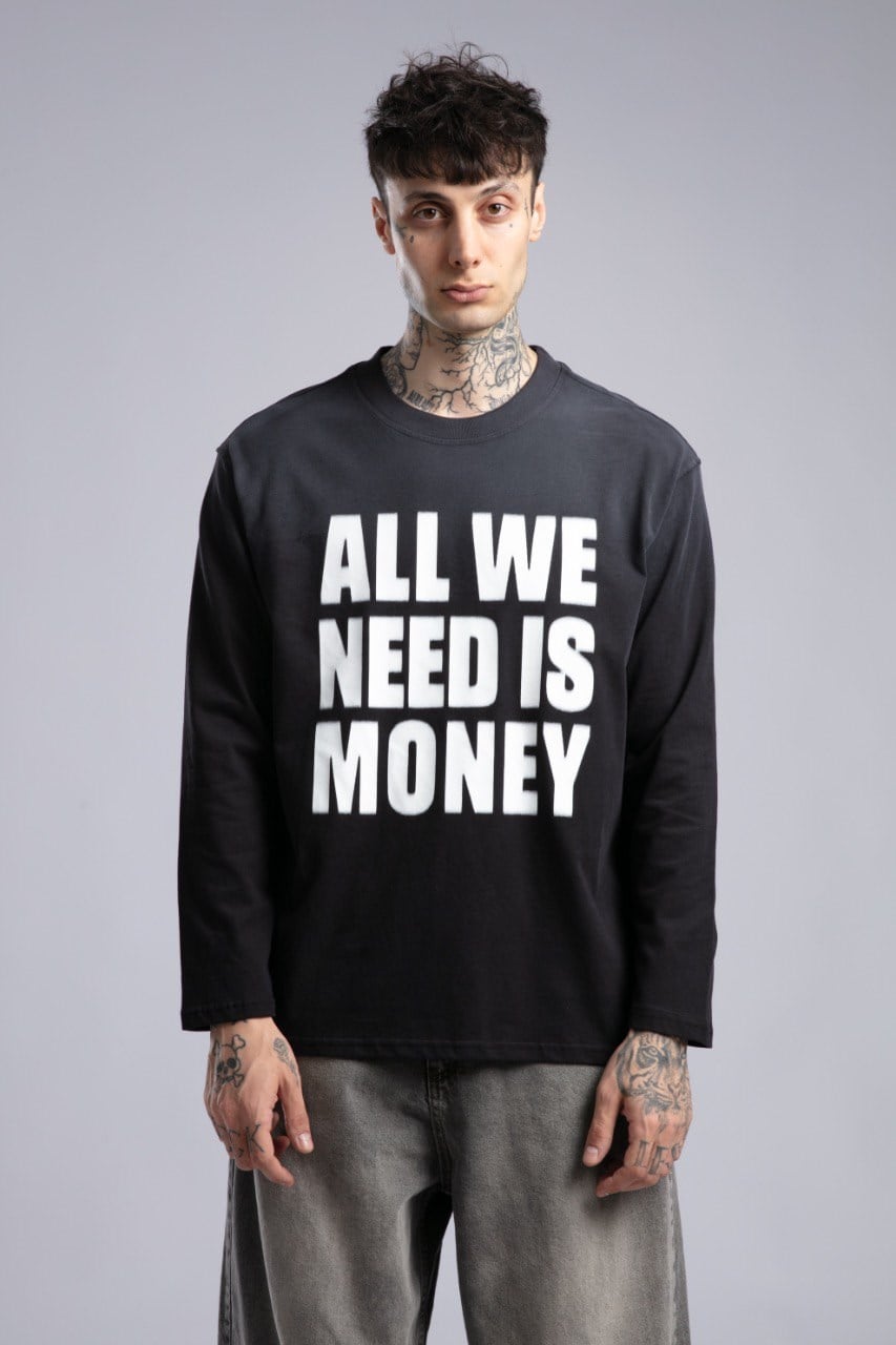 Yazı Baskılı İnce Pistole Sweatshirt Siyah