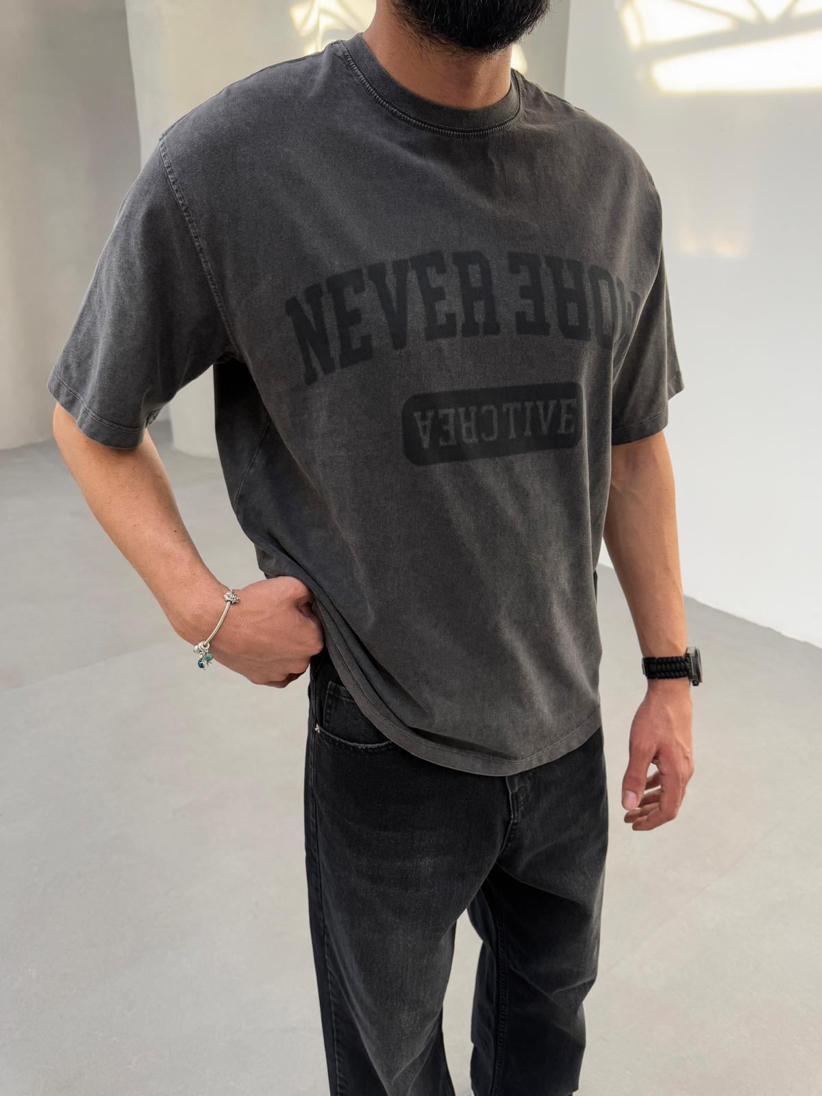 Yıkalamalı Never More Baskılı Oversize Tişört Antrasit