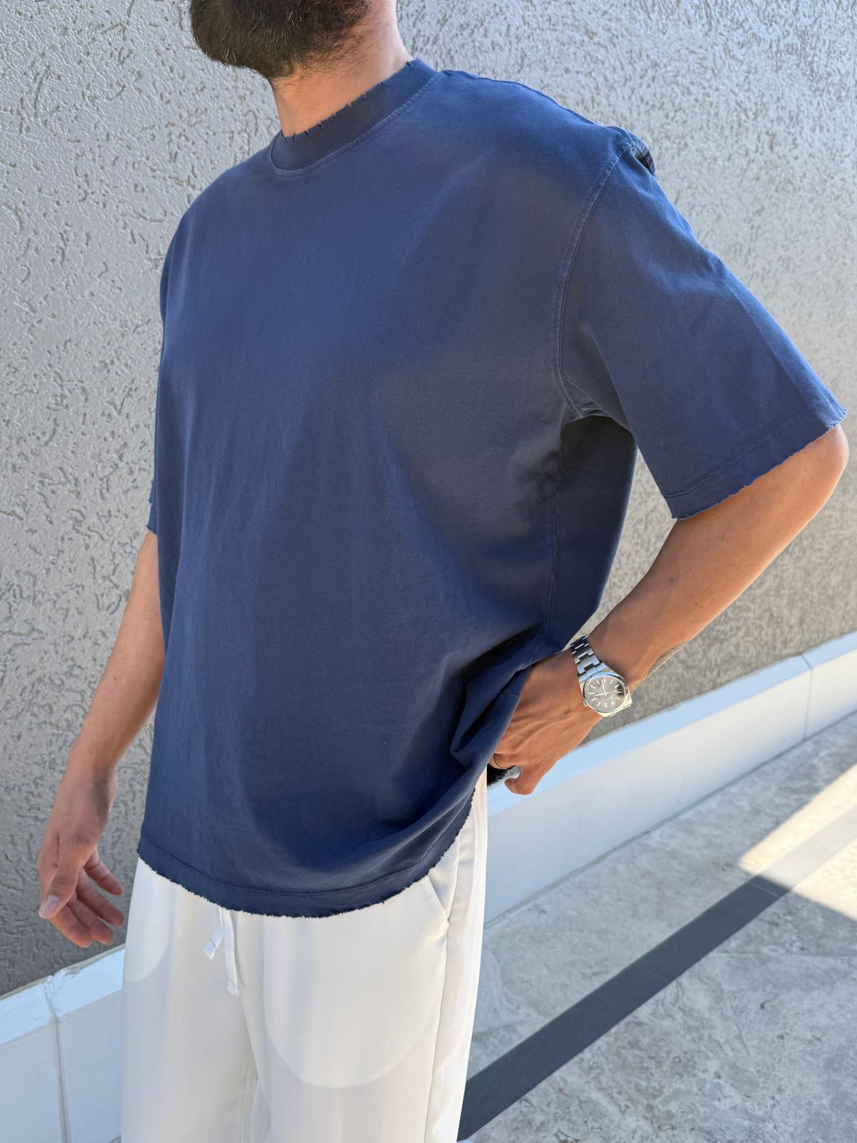 Yıkamalı Basic Oversize Kalıp Tişört Lacivert