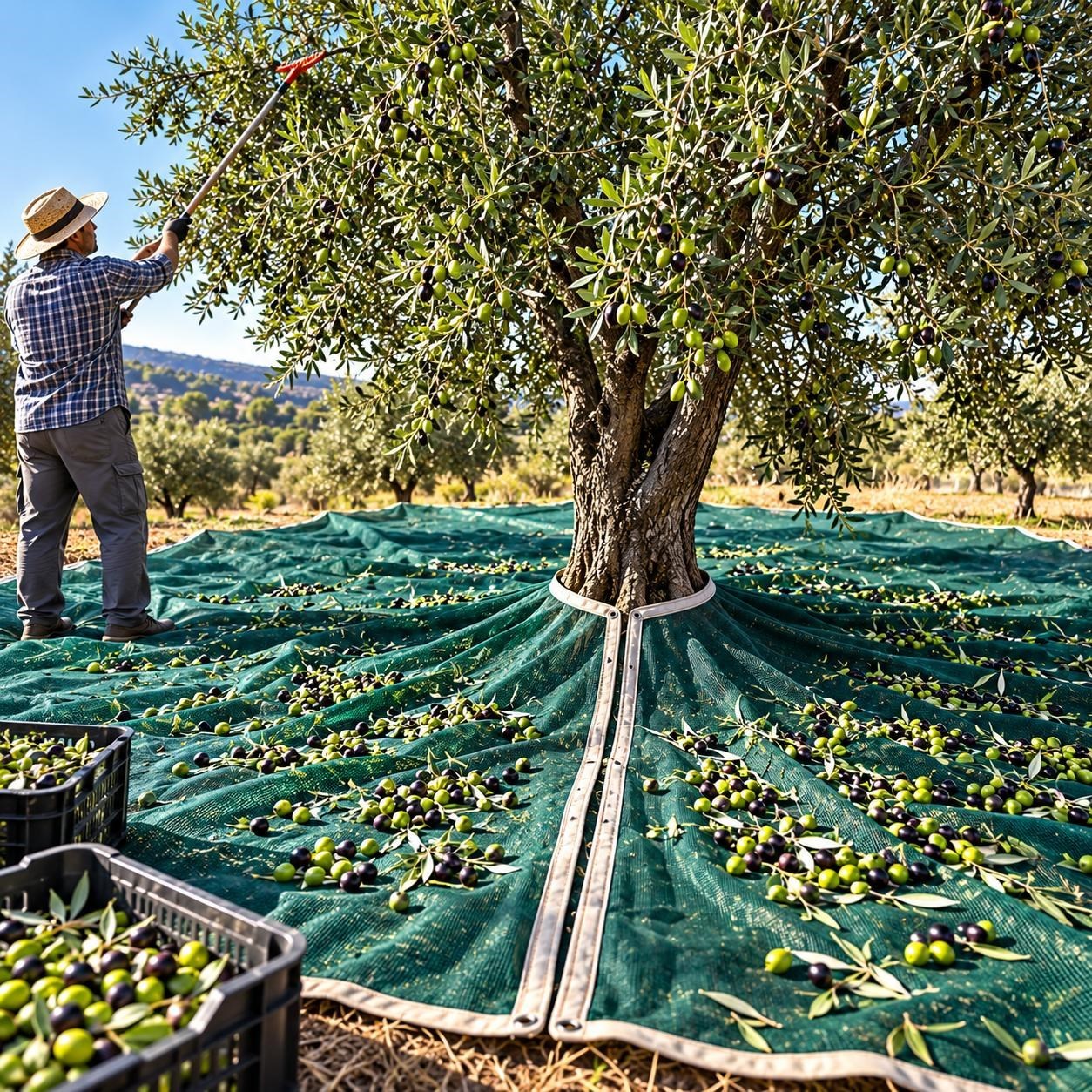 Ağaca Geçirmeli Zeytin Toplama Örtüsü - 75lik - Yeşil - Şeritli Kuşgözü Halkalı 