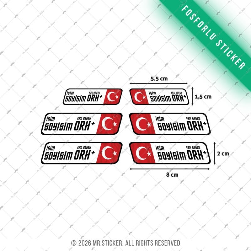 GIDWBT09 Karanlıkta Işıldayan İsme Özel Kan Grubu Etiket Seti 